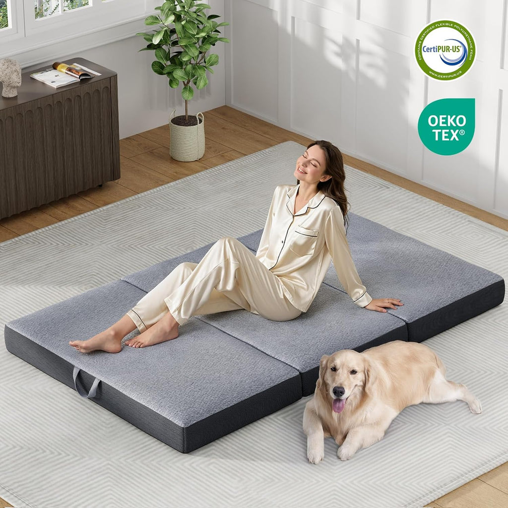 Trifold Mattress Queen Size 4 Inch - Foldable Memory Foam Mattress for Camping, Travel, RV, Guest Bed & Yoga - No Slip Bottom, Washable Cover with Handles - Portable Folding Floor Cushion 78"x58"x4"