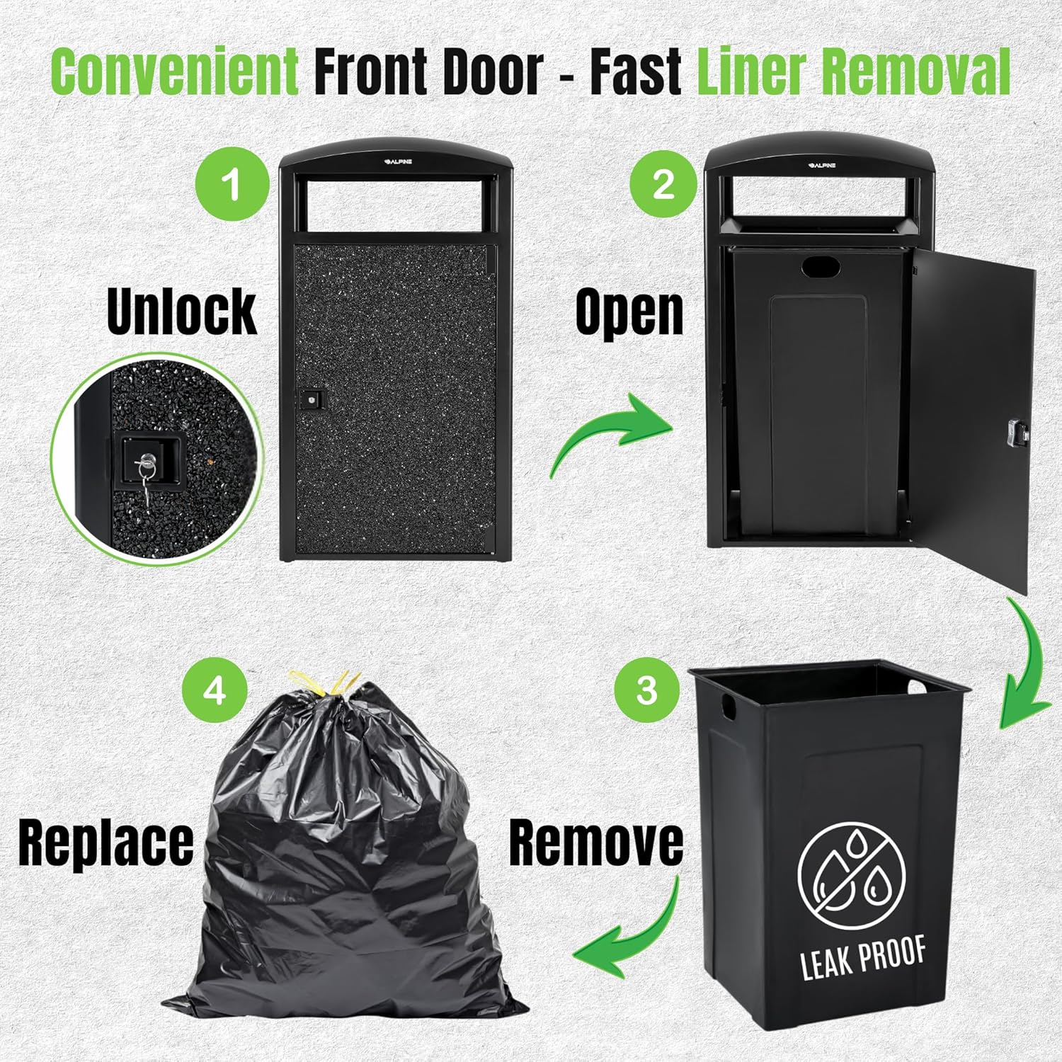 Alpine Outdoor Commercial Trash Can with Lid - 55 Gallon Heavy Duty Steel Garbage Can with Removable Bin, Locking Door for a Modern Look in Park, Mall & High Traffic Areas - Black, Grey Stone Panels