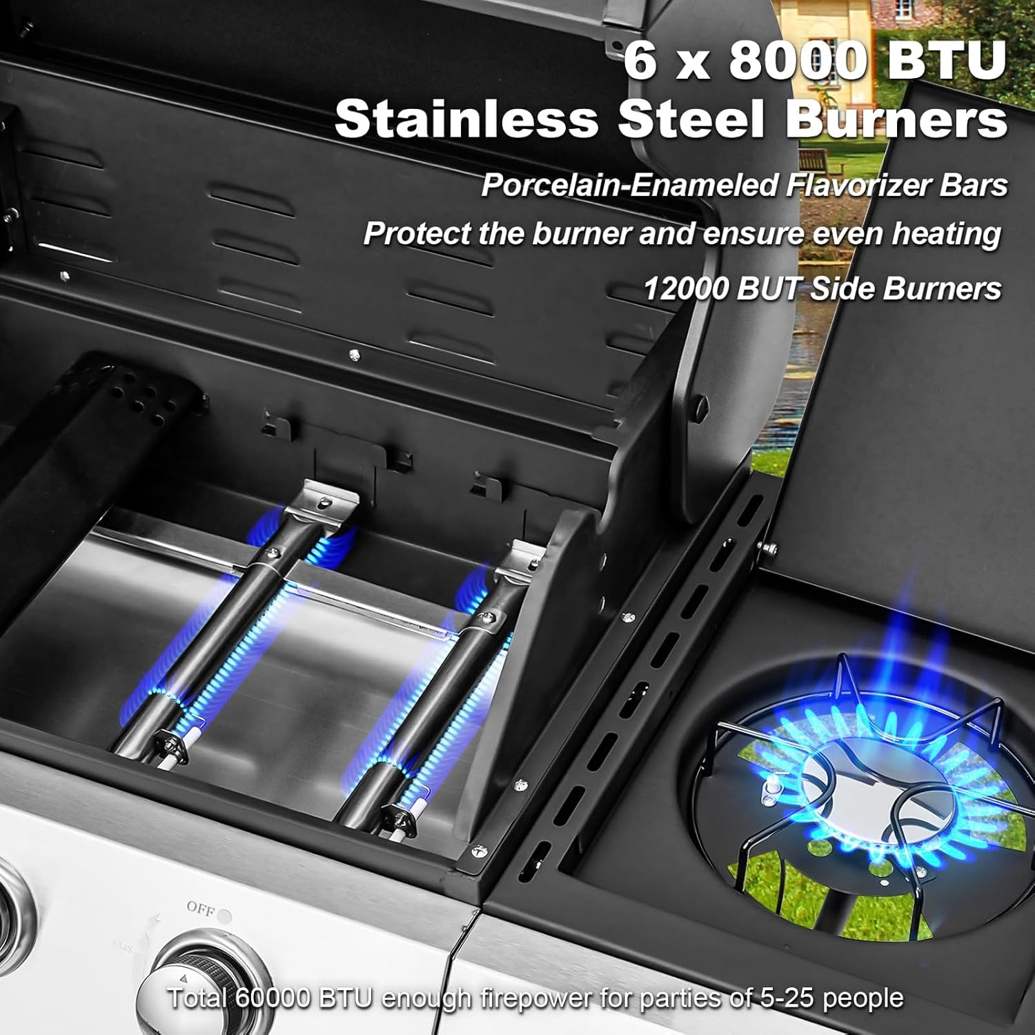 MELLCOM Upgraded 60 000 BTU Stainless Steel Burner Barbecue Grill  6 Burner BBQ Propane Gas Grill with Side Stove & Cast Iron Grates for Patio  Camping  Outdoor Cooking
