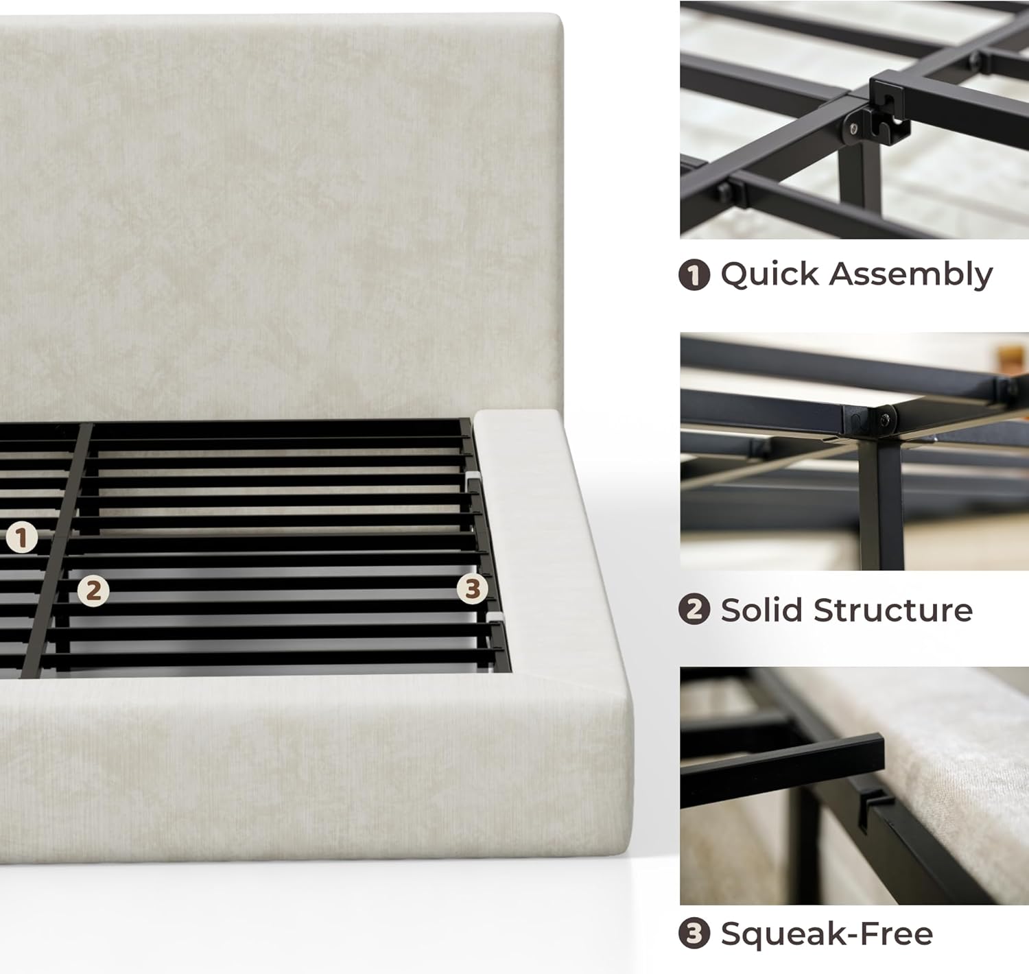 RECCI Cloud Upholstered Queen Bed Frame with Headboard, 5 Inch Foam Padded Platform, No Box Spring, Easy Assembly(Cream)