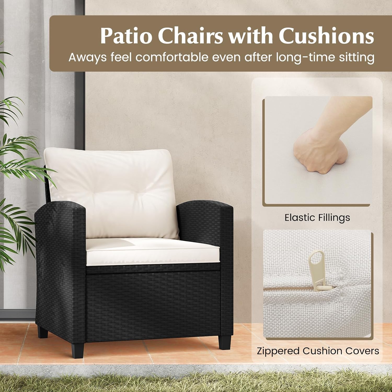 Tangkula 3 Piece Patio Furniture Set  Rattan Conversation Set w/Soft Seat & Back Cushions  Tempered Glass Topped Coffee Table  Cushioned Wicker Seating Set for Backyard  Porch  Poolside (Off White)