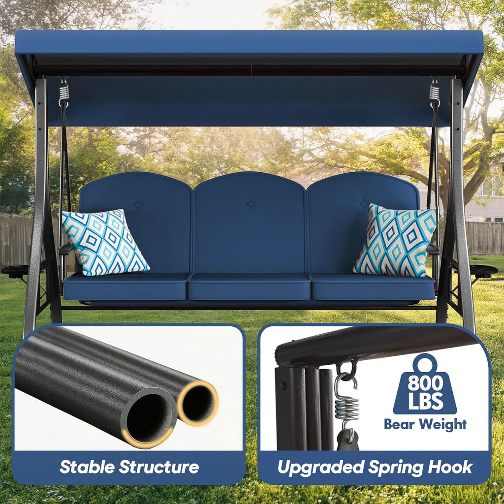 3 Seat Outdoor Porch Patio Swing with Stand 800lbs 2-in-1 Convertible Swing Bed with Adjustable Canopy & Removable Cushion for Yard Garden Deck (Blue  Square Tube)