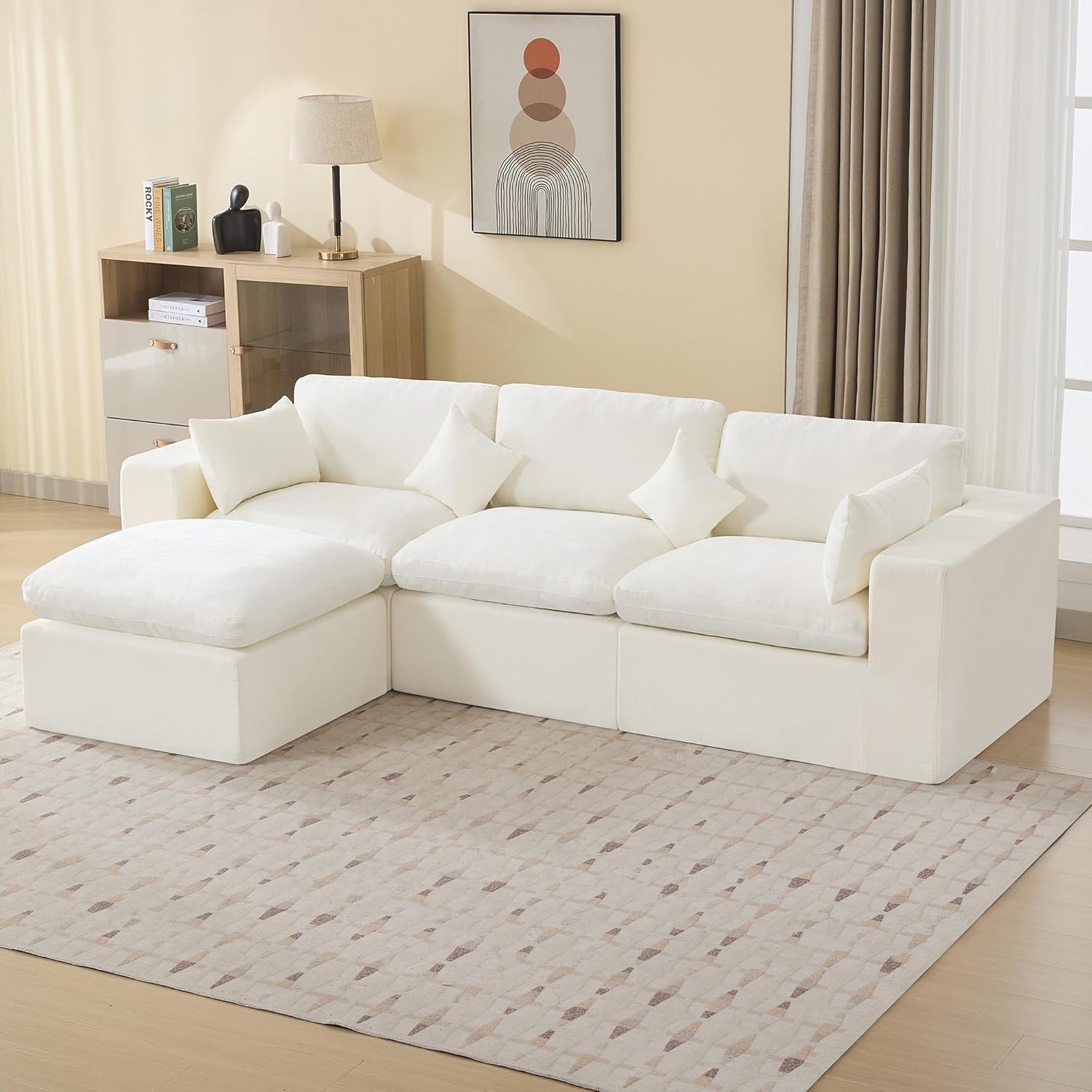 115''Cloud Boneless Sectional Couch, Modular Sectional Sofa Deep Seat with Ottoman, Oversized Upholstered Convertible Comfy 4 Seater Chenille Sofa L Shape Couches for Living Room, Beige