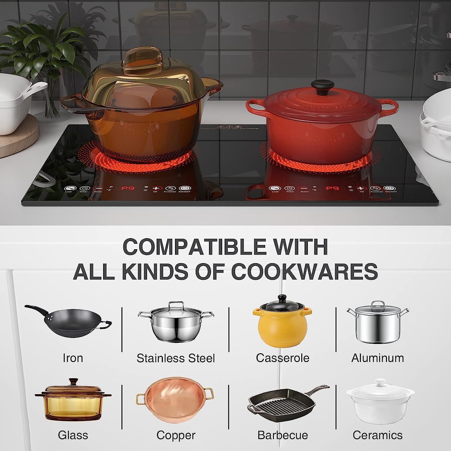 Electric Cooktop, 24 Inch 2 Burner Cooktop 110V, Built-in and Countertop Stove Top Plug in, 2400W Electric Stove, Compatible for All Cookware,Timer & Kid Safety Lock