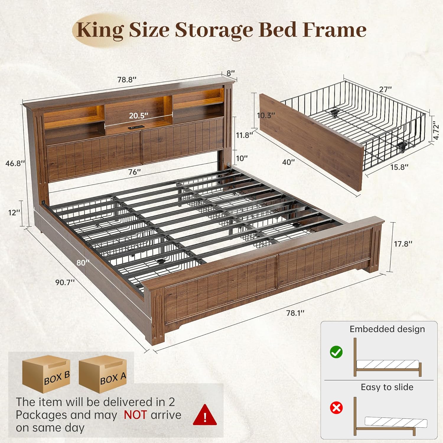 EnHomee King Size Bed Frame with 4 Storage Drawers, King Bed Frame and Headboard with LED Lights & Charging Ports,No Box Spring Needed,NO Noise,Wooden,Brown