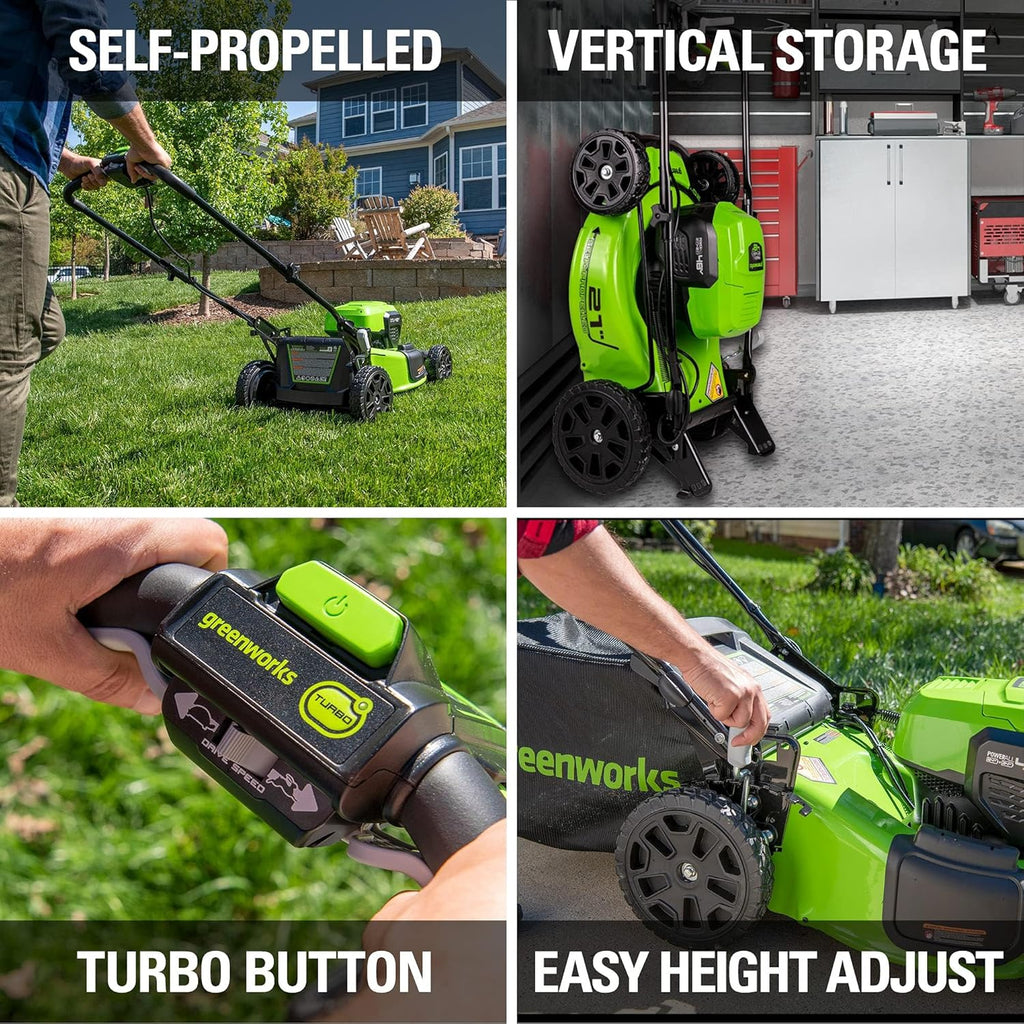 Greenworks 48V (24V x 2) 21" Cordless Battery Self-Propelled Lawn Mower w/Two (2) 5.0Ah USB Batteries & Charger 24V 12" Cordless Battery String Trimmer/Edger (Tool Only) Kit