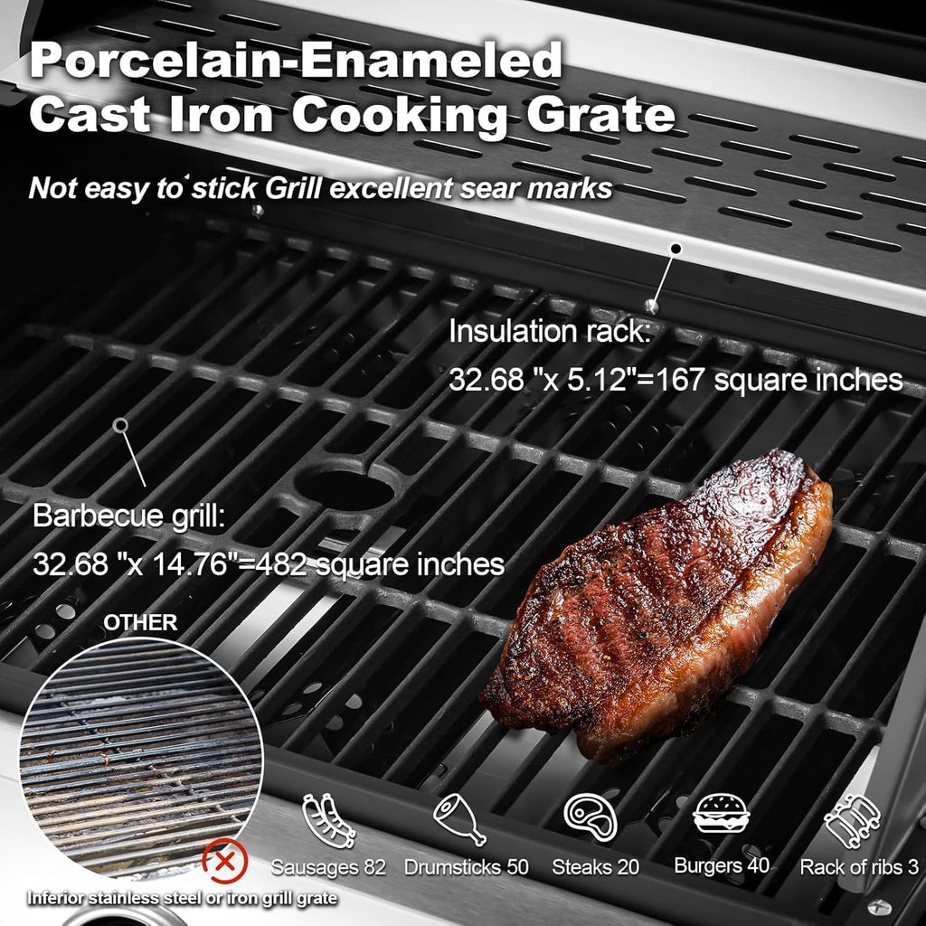 MELLCOM Upgraded 60 000 BTU Stainless Steel Burner Barbecue Grill  6 Burner BBQ Propane Gas Grill with Side Stove & Cast Iron Grates for Patio  Camping  Outdoor Cooking