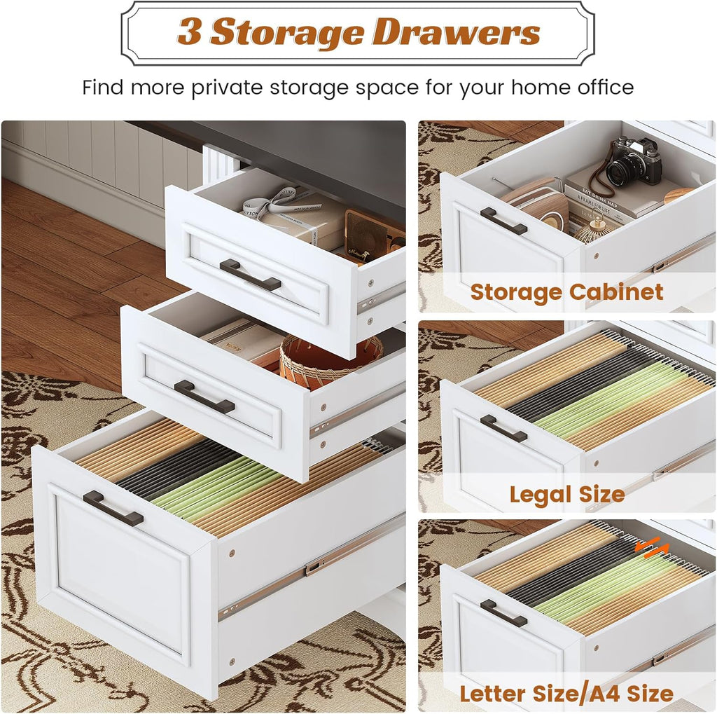 SEDETA Farmhouse 69" Executive L Shaped Desk, Home Office Desk with Drawers and Storage Cabinet & Power Outlet, Corner Computer Desk, White