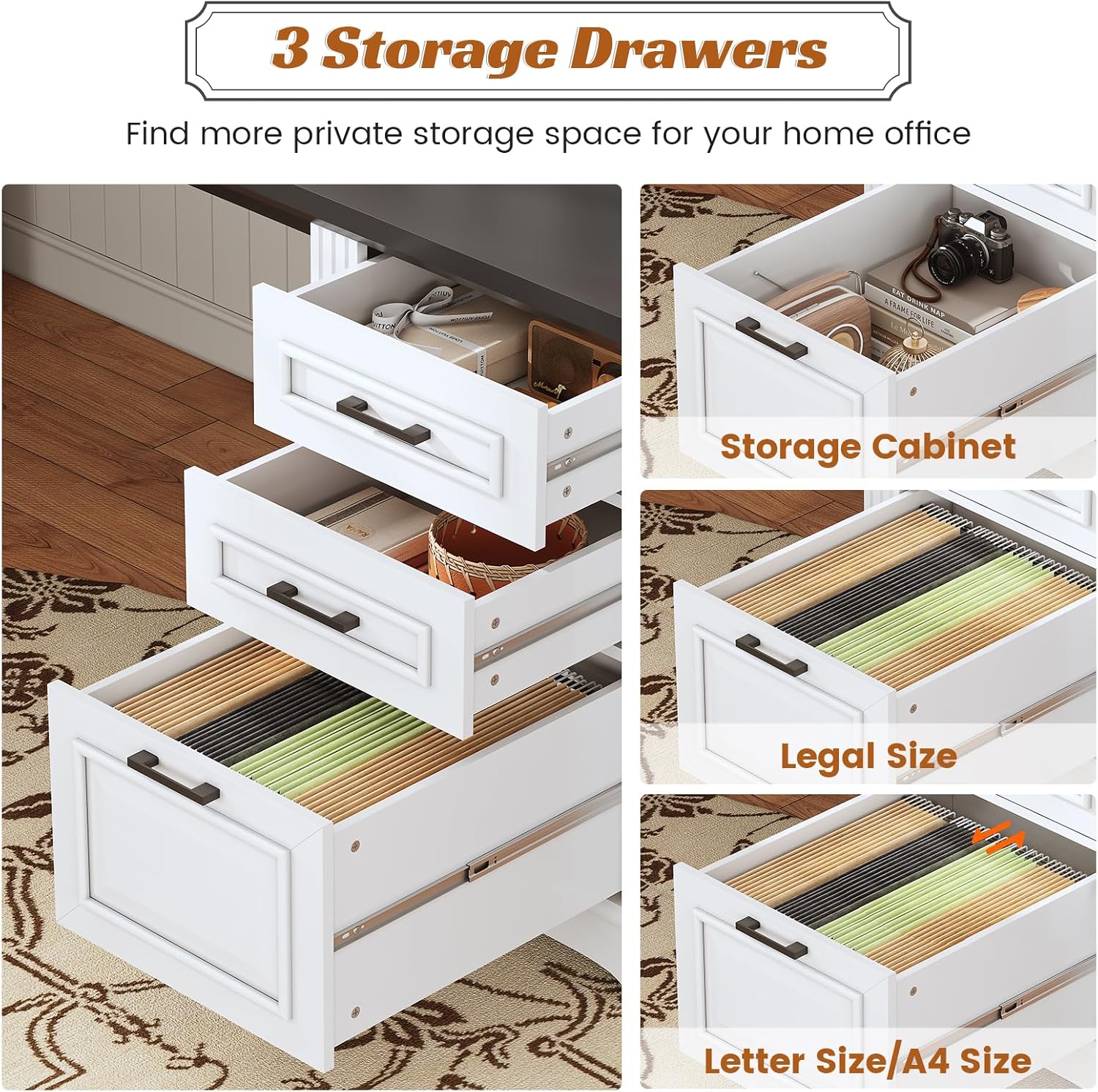 SEDETA Farmhouse 69" Executive L Shaped Desk, Home Office Desk with Drawers and Storage Cabinet & Power Outlet, Corner Computer Desk, White