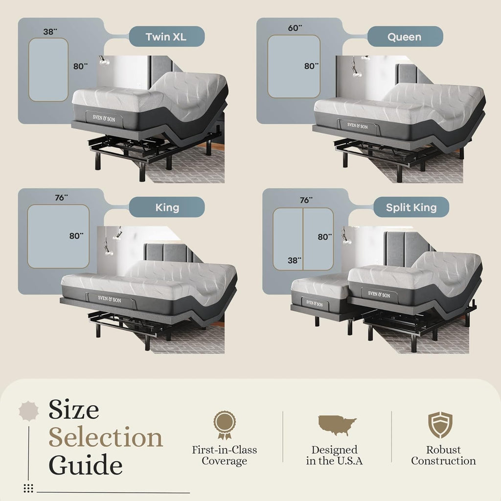 Sven & Son Classic Adjustable Bed Base, Head and Foot Lift, Massage, Under-Bed Lights, USB, Gel Memory, Zero Gravity Smart Frame - Split King + 14 inch Hybrid Spring Matt (Medium Soft)