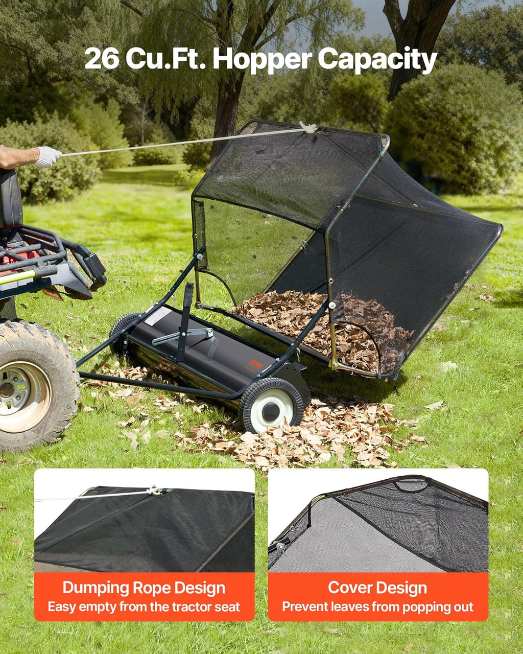 VEVOR 52 in Tow Behind Lawn Sweeper  26 cu.ft. Large Yard Sweeper  Adjustable Sweeping Height  Heavy Duty Leaf & Grass Collector with Dumping Rope  Pull Behind Sweepers for Debris Grass Clippings