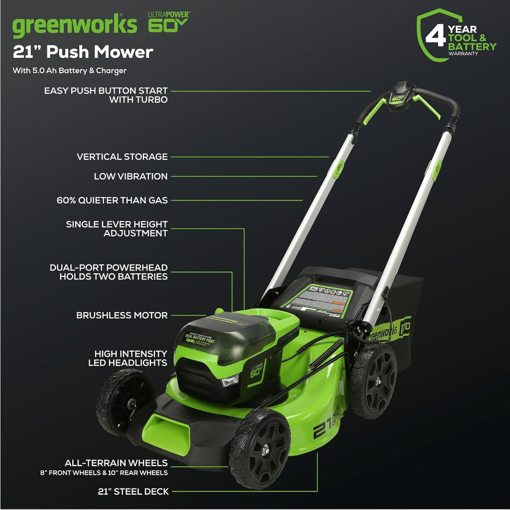 Greenworks 60V 21" Cordless Lawn Mower – 5.0Ah Battery & Rapid Chargerr(75+ Tool Compatibility  60Min Runtime)