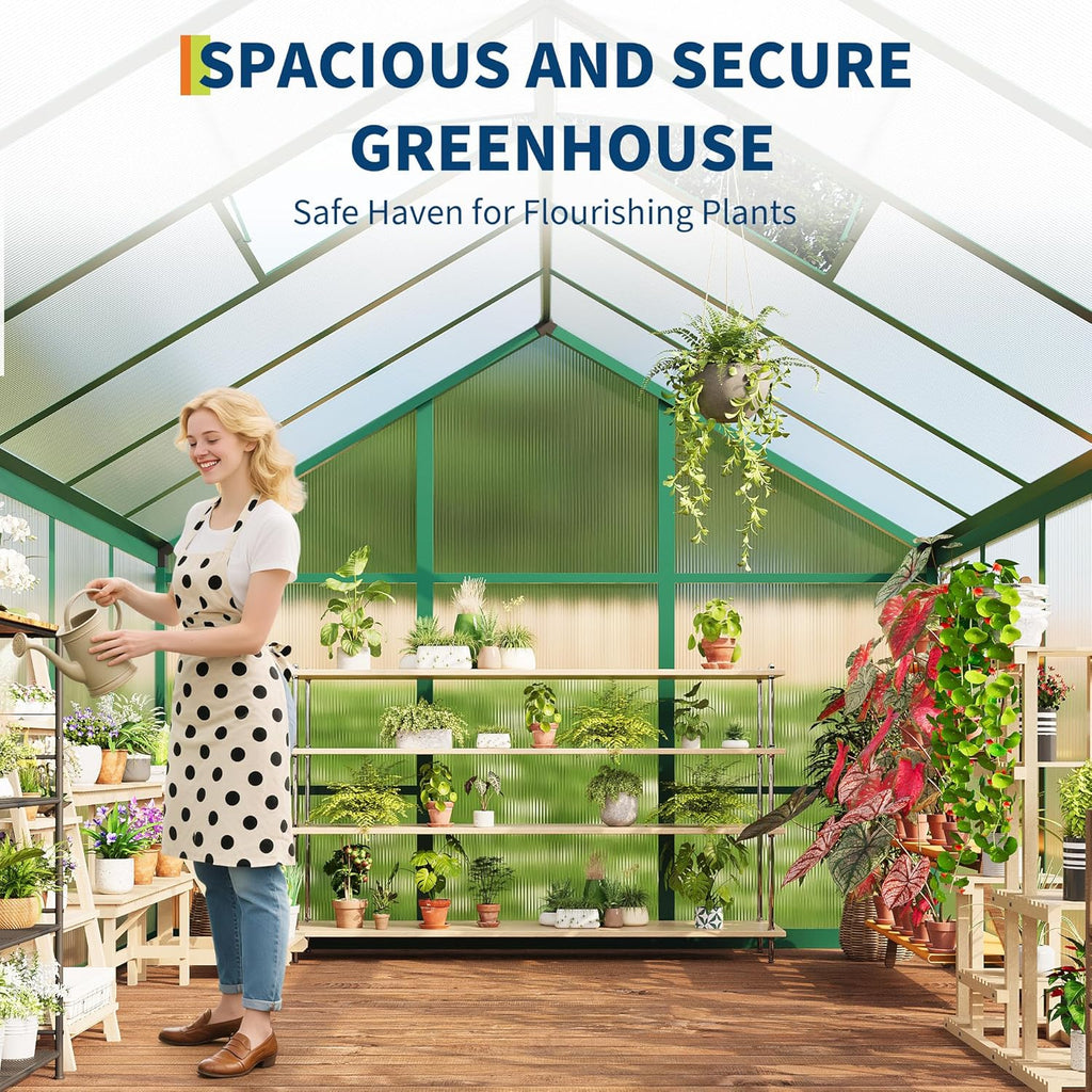 6x10 FT Greenhouse  Easy Assembly Aluminum Polycarbonate Greenhouses for Outdoors with Roof Vent and Ground Nails  Heavy Duty Aluminum Walk-in Greenhouse for Backyard  Sliding Lockable Door  Green