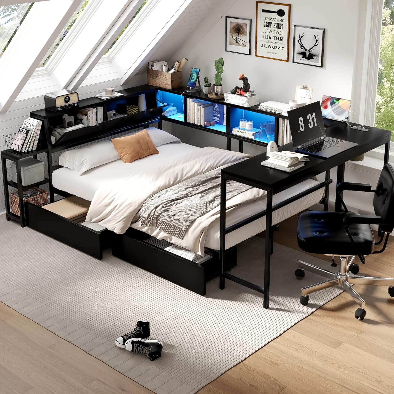 SOFTSEA Twin Size Corner Bed with Desk, Storage Drawers, Bookcase and LED Lights, Metal Daybed with Desk, USB Ports & LED Light for Kids, Teens & Adults, Metal Slats Support, Black