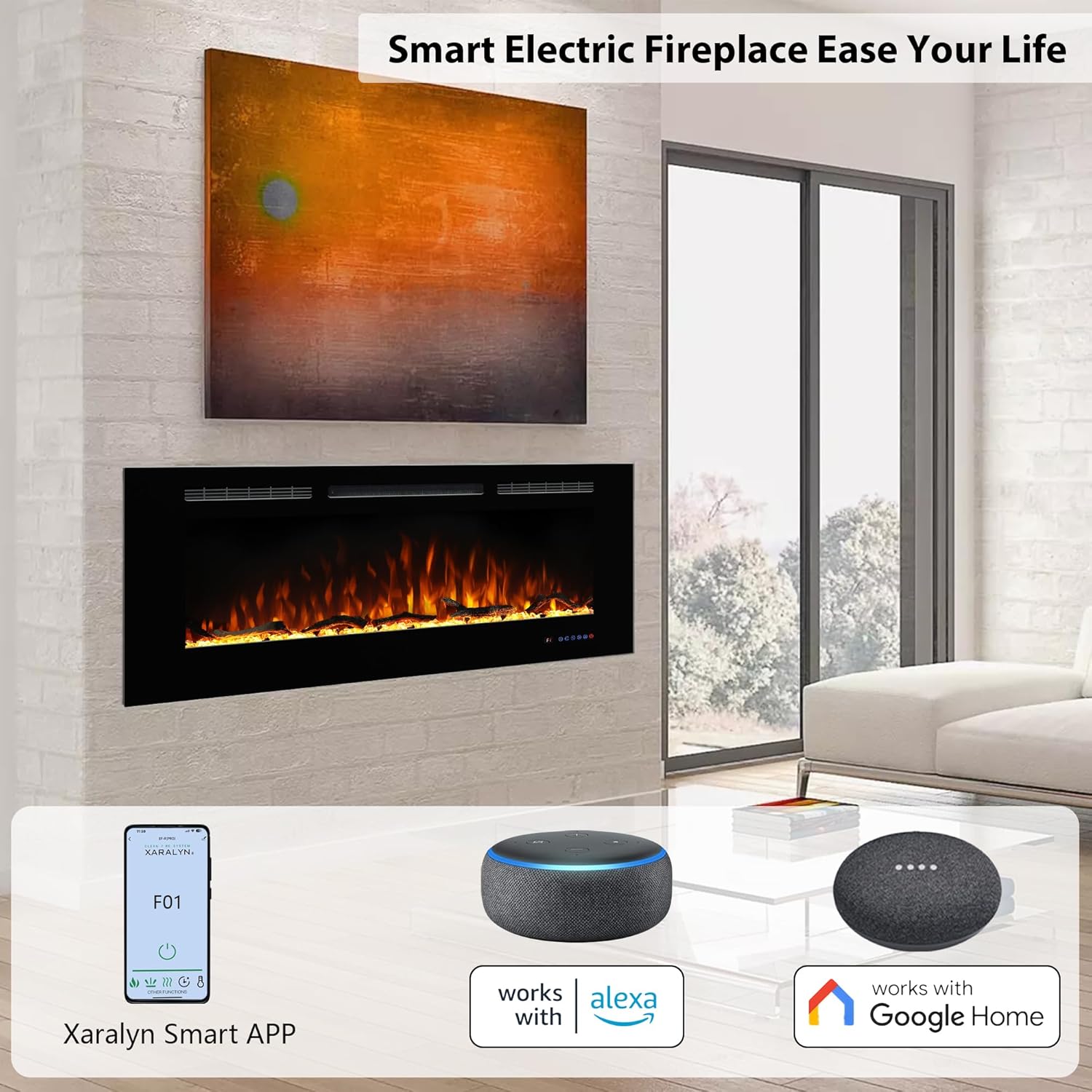 Electric Fireplace 50inches, Wall-Mounted & Recessed Fireplace Inserts, Multicolor Flame w/5 Dimmer, Remote Control Thermostat, Timer, Overheating Protection, Hardwire Connect, 1500W,Black