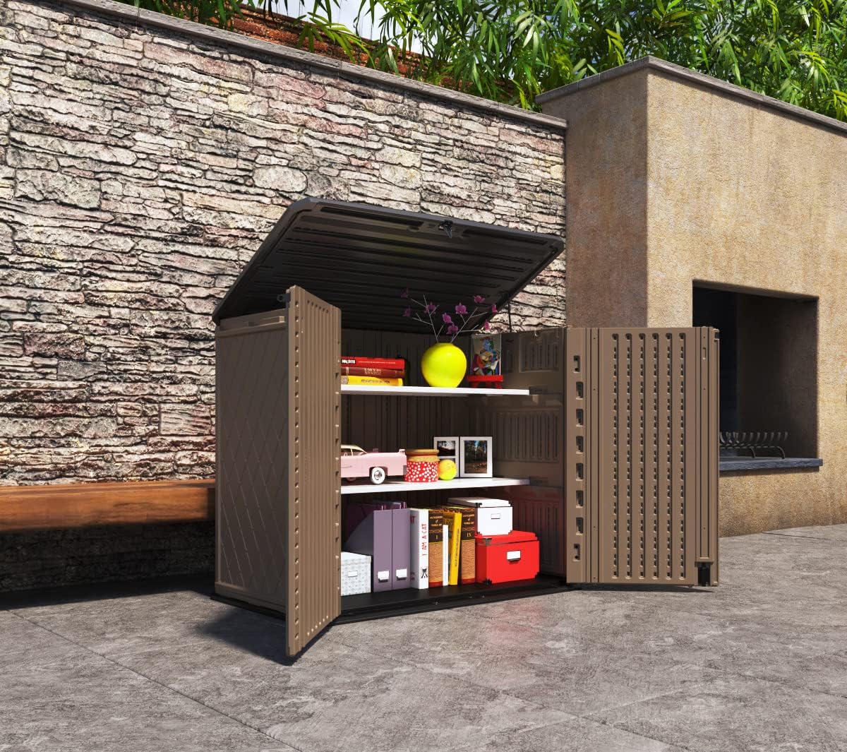 Horizontal Resin Storage Shed  34 Horizontal Cu.ft Outdoor Storage Cabinet Waterproof for Garden/Backyard/Home/Pool  Lockable(34 Cu.ft-Brown)