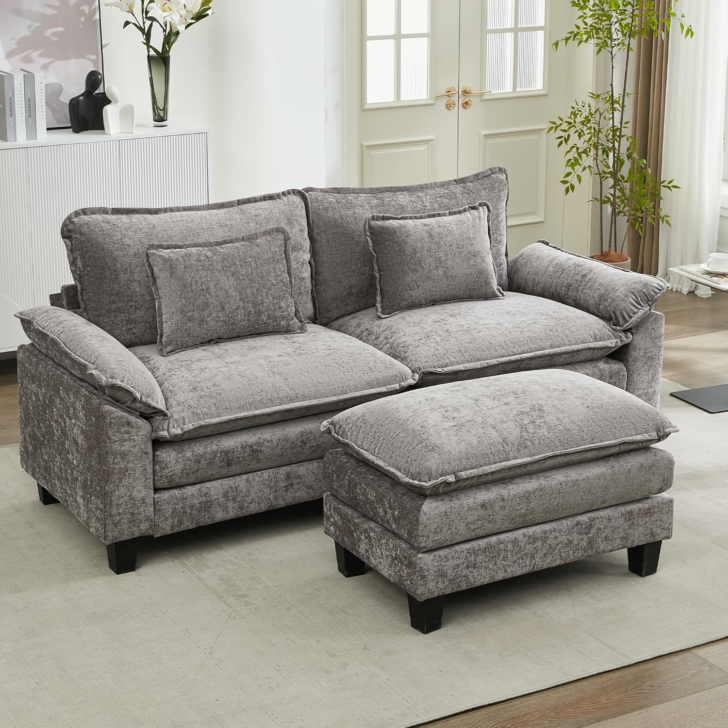 URRED Cloud Couch Modular Sectional Sofa, 87" Modern L Shaped Deep Seat Sofa with Ottoman & Pillows, Ultra Comfy Chenille Couches for Living Room, Bedroom or Apartment, Grey