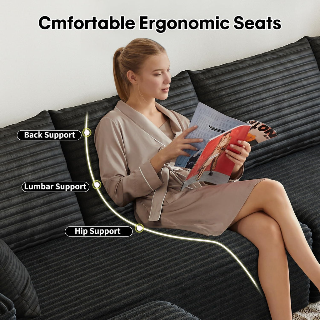 168.5" Modular Sectional Sofa, Oversized U-Shaped Minimalist Couches with 1 Middle Seat and 2 Ottomans Chaise, Modern Deep Seat Convertible Sleeper Sofa, Cloud Plush Corduroy Fabric,7 Seater, Black