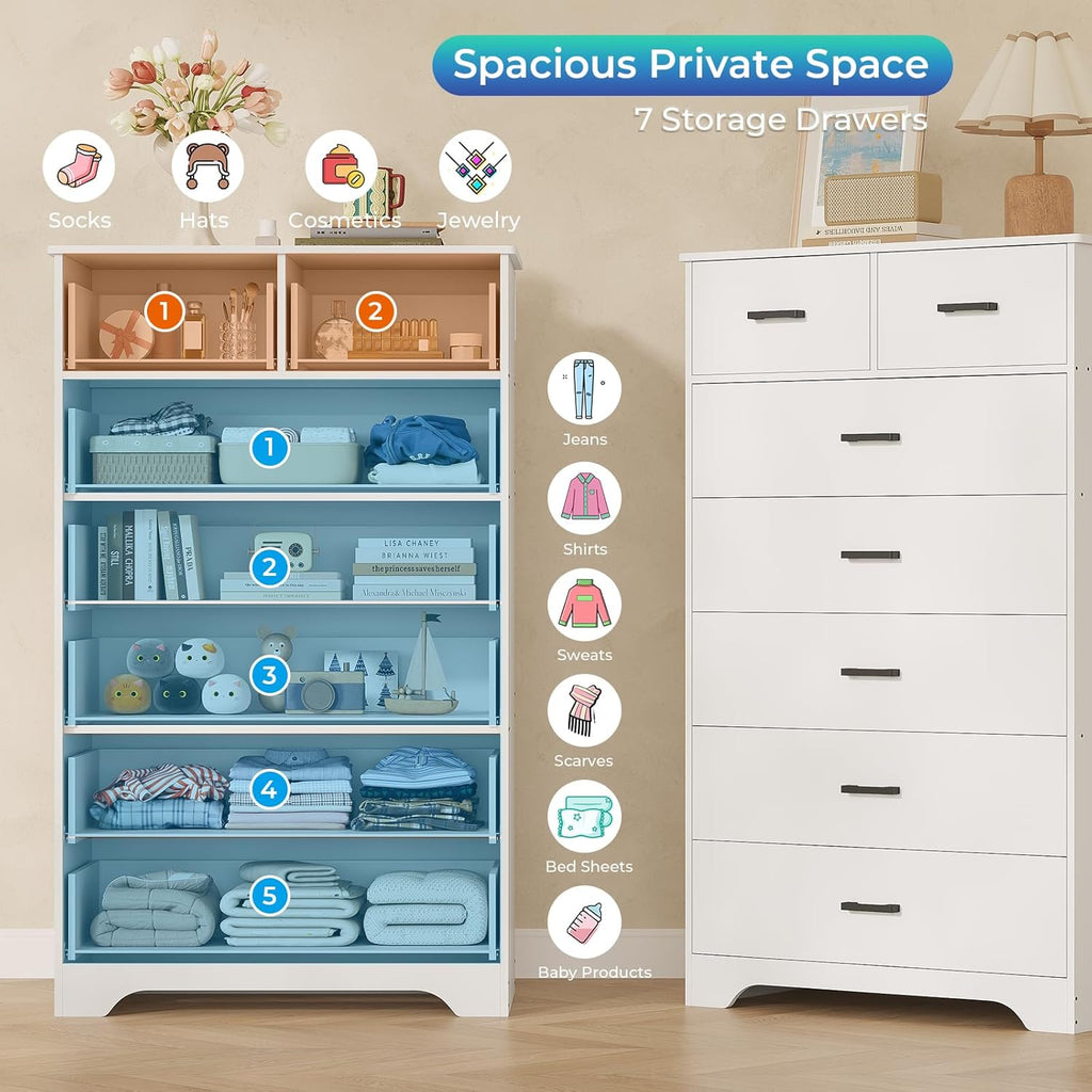 DICTAC White Dresser for Bedroom with 7 Drawers, 55.7" Tall Dressers Chest of Drawers, Modern Large Wood Storage Dresser Organizer with Metal Handle, Vertical Dressers for Bedroom Living Room Nursery