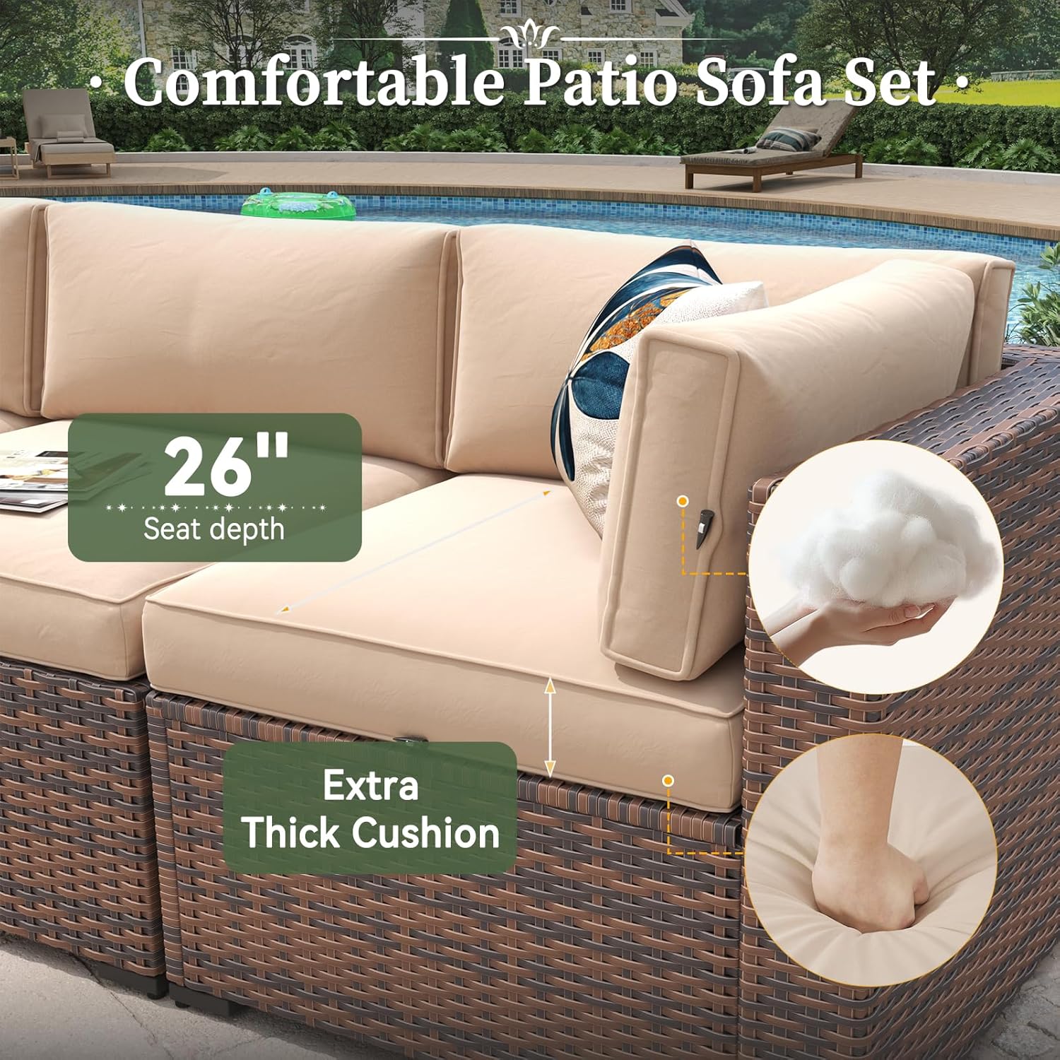 Aoxun 8 Piece Patio Furniture Set with 44” Fire Pit Table Wicker Rattan Outdoor Sectional Sofa Set with Coffee Table and Thickened Cushions  Beige (Waterproof Cover Included)