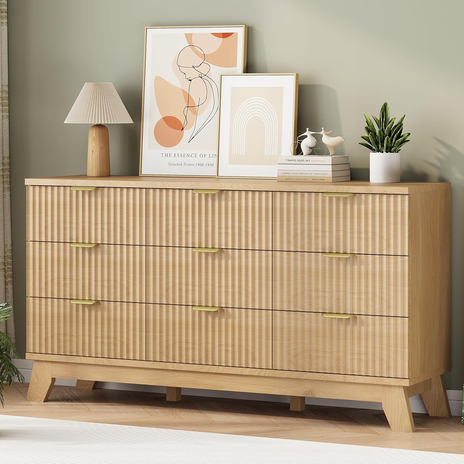 Fluted Dresser for Bedroom with 9 Drawers, 57" Wide Modern Chest of Drawers with Metal Handle, Wooden Dresser TV Stand, Wood Closet Clothes Storage Organizer for Living Room, Hallway, Natural Oak