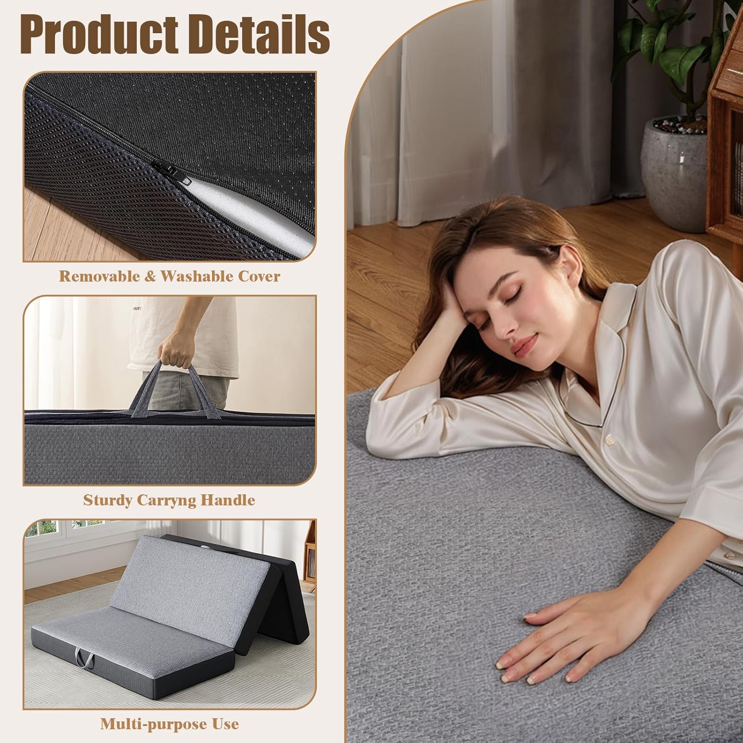 Trifold Mattress Queen Size 4 Inch - Foldable Memory Foam Mattress for Camping, Travel, RV, Guest Bed & Yoga - No Slip Bottom, Washable Cover with Handles - Portable Folding Floor Cushion 78"x58"x4"