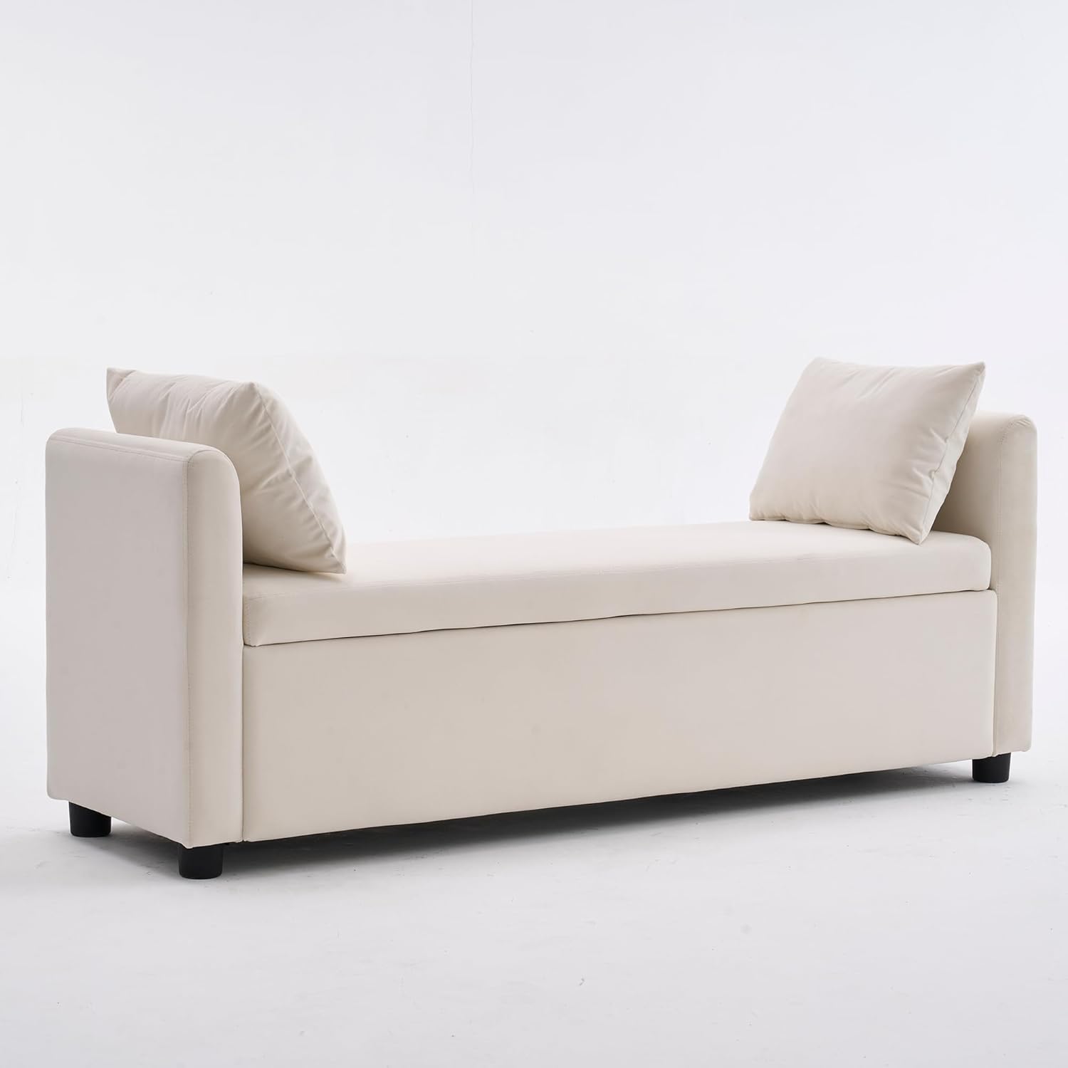 Storage Bench for Bedroom, 55" End of Bed Bench for King Size Bed, Modern Upholstered Long Ottoman Bench with Arms and 2 Pillows for Living Room/Entryway (Ivory White)