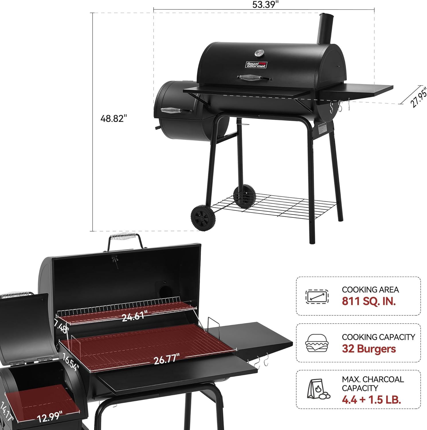 Royal Gourmet CC1830SC Charcoal Grill Offset Smoker with Cover  811 Square Inches  Black  Outdoor Camping