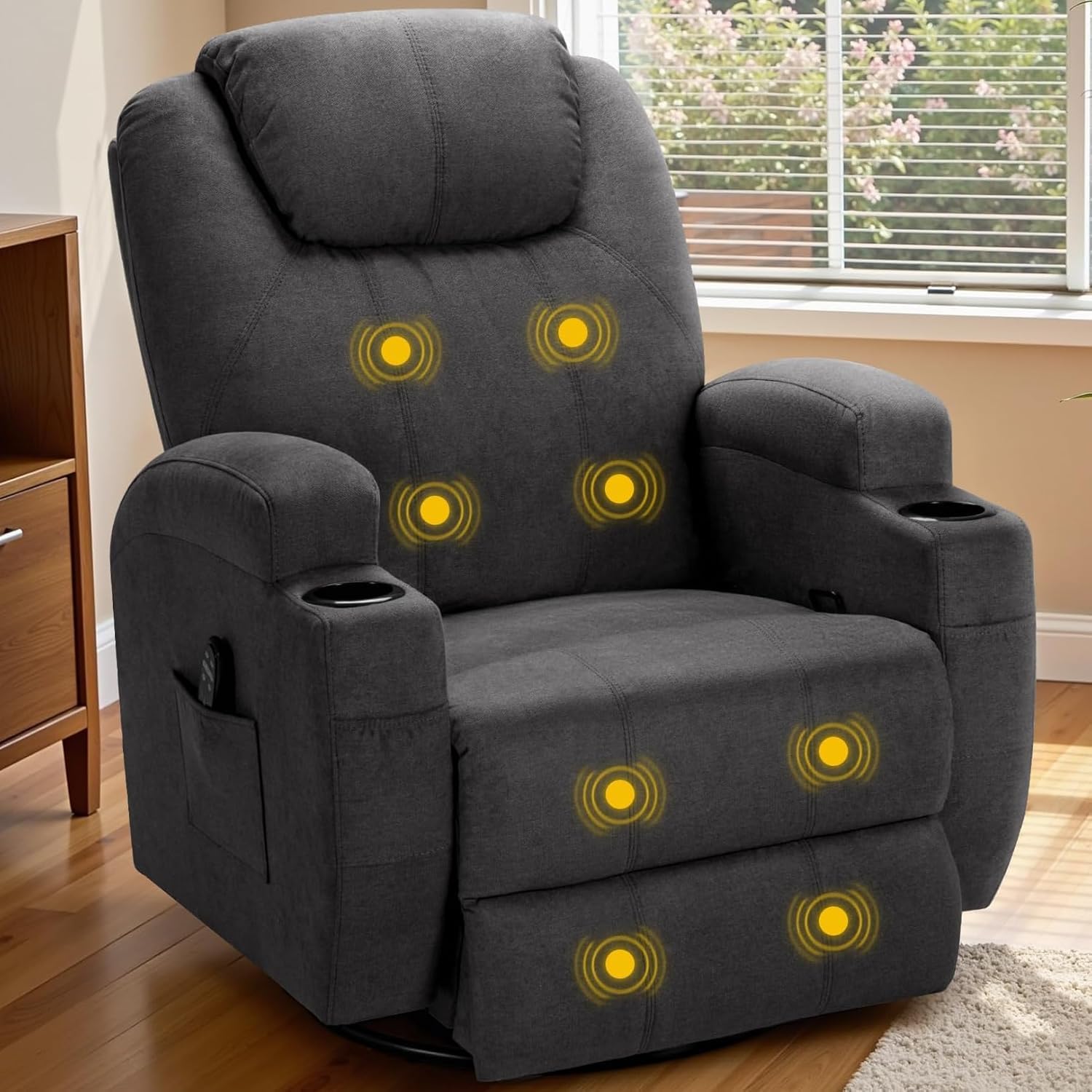 Recliner Chair, 360° Swivel Rocker Chair for Adults, Rocking Recliner Chair with Massage, Comfy Single Sofa with Side Pockets Cup Holders for Living Room, Bedroom, Nursery (Fabric, Dark Gray)