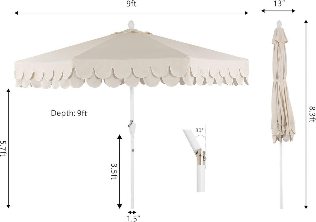 JONATHAN Y UMB1002C Tracy 9 ft. Classic MidCentury Scalloped Fringe Market Patio Umbrella with Auto-Tilt  Crank  Wind Vent and UV Protection in Cream/White