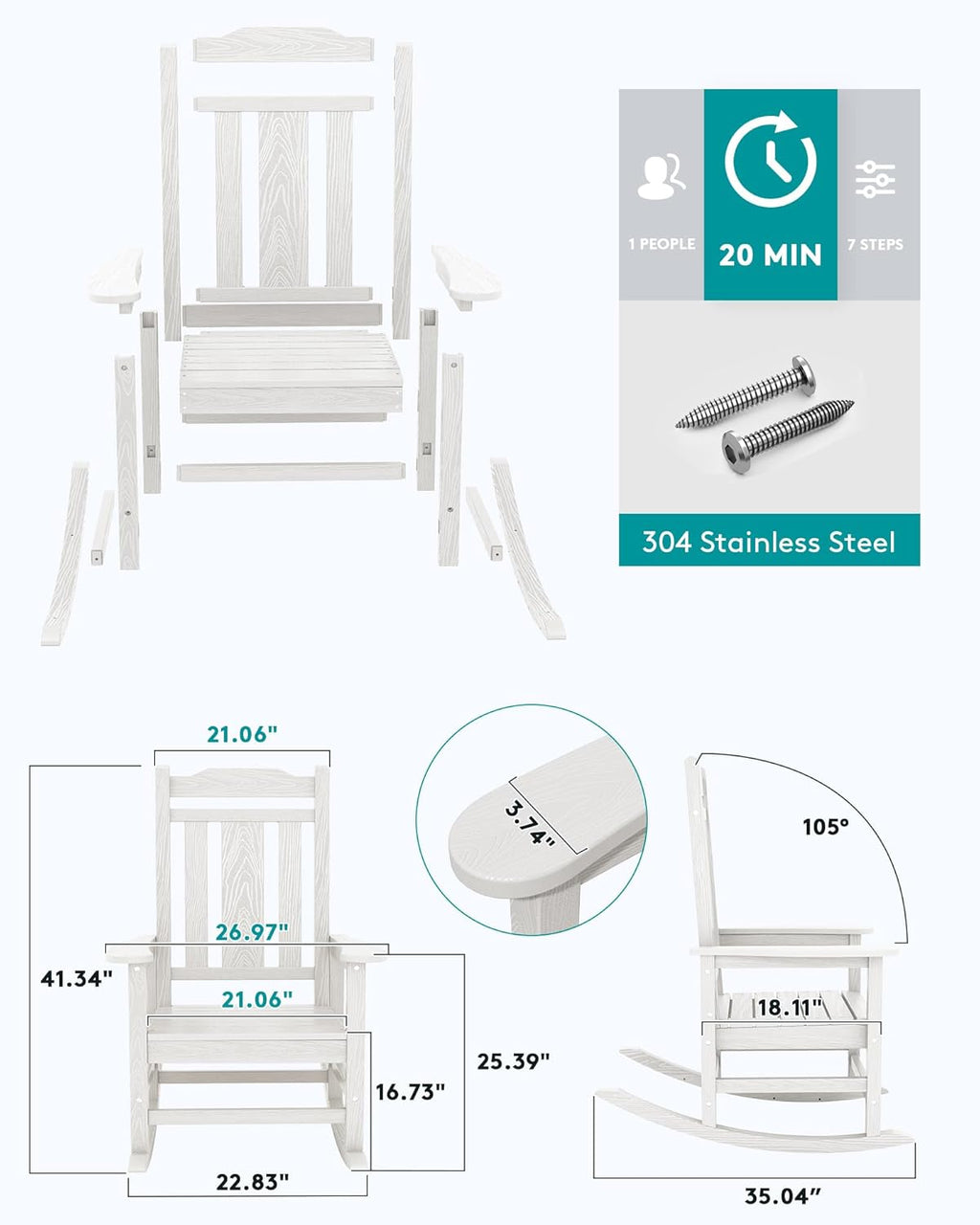 SERWALL Oversized Outdoor Rocking Chair Set of 4  HDPE Outdoor Rocking Chair for Adults  White