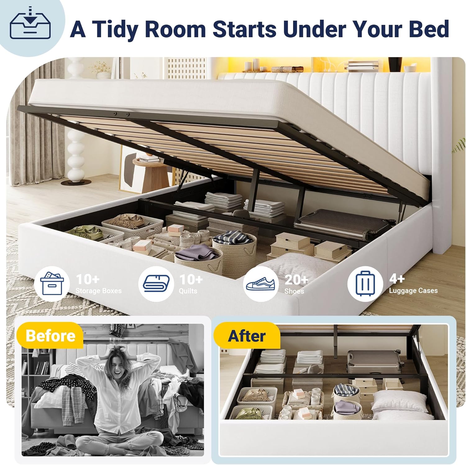 Allewie Queen Size Lift Up Hydraulic Storage Bed Frame, 2-Tier Shelf Headboard with LED Lights and Charging Station, USB and Type C Ports, Wingback Velvet Headboard, No Box Spring Needed, White