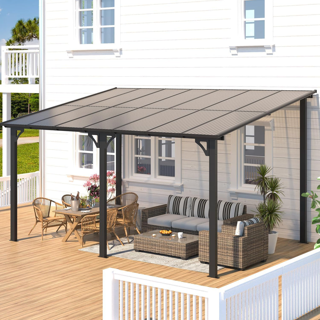 AECOJOY 14' x 10' Gazebo for Patio  Hard Top Lean to Gazebo Pergola with Roof (140 Sq.Ft Shaded)  Large Wall-Mounted Heavy Duty Awnings for Patio  Decks  Backyard and More