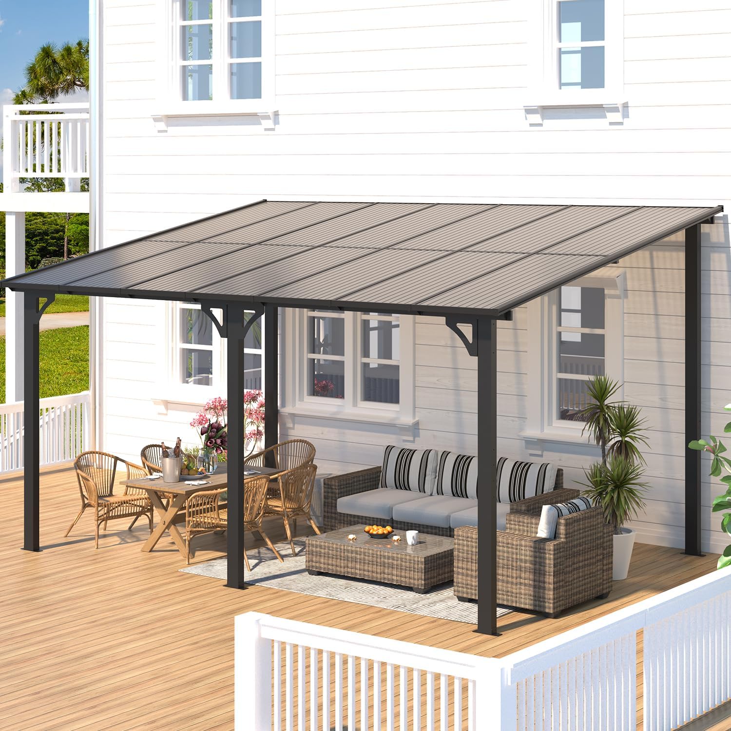 AECOJOY 14' x 10' Gazebo for Patio  Hard Top Lean to Gazebo Pergola with Roof (140 Sq.Ft Shaded)  Large Wall-Mounted Heavy Duty Awnings for Patio  Decks  Backyard and More