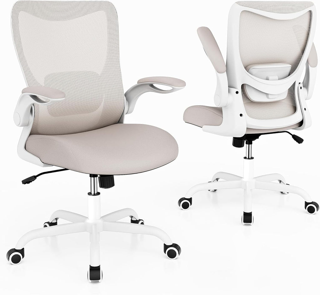 Office Chair, Ergonomic Desk Chair with Adjustable Lumbar Support and Flip up Armrest, Breathable Mesh Computer Chair for Home Office, Khaki