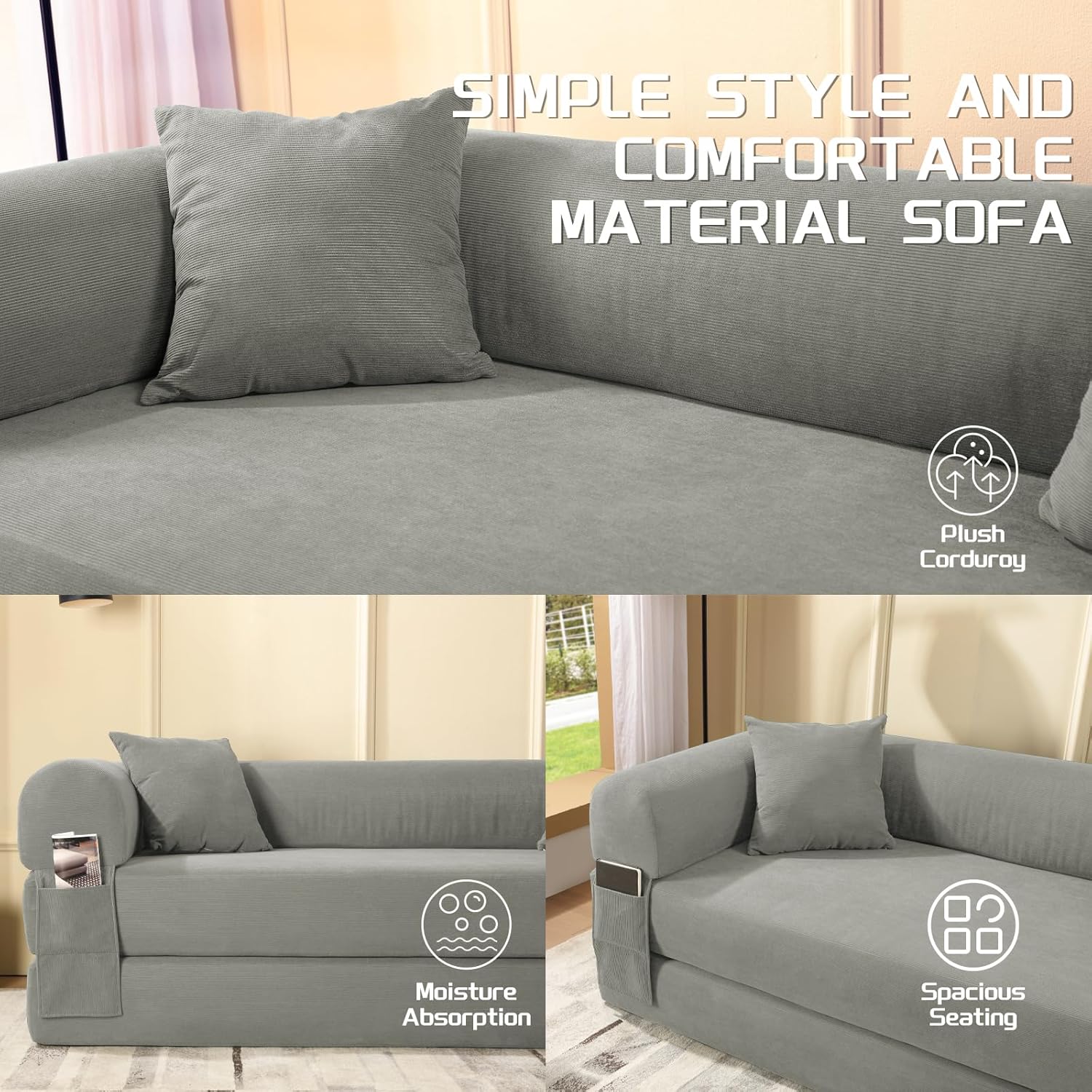 4-in-1 Folding Convertible Sofa Bed, 80 Inch Corduroy Upholstered Boneless Couch, Loveseat Sleeper with Pull Out Bed, Floor Sofa Modular Futon Teddy Sofa for Living Room Bedroom Lounge, Light Gray