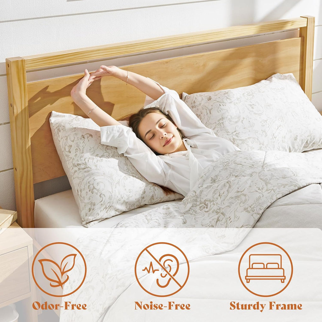 AMERLIFE King Size Solid Wood Bed Frame with Headboard, Minimalist Platform Bed with Wooden Slats Support/No Box Spring Needed/Easy Assembly, Natural
