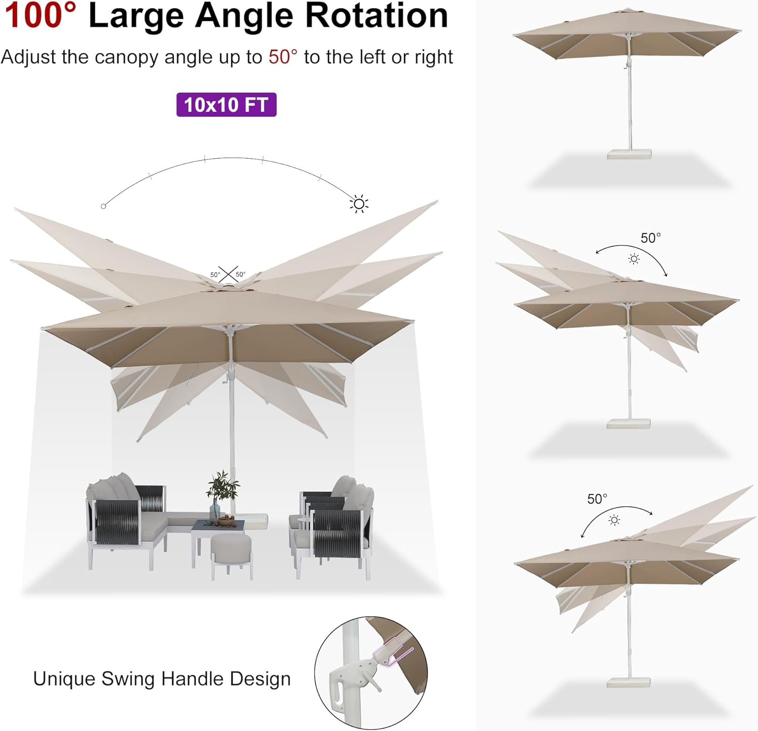 PURPLE LEAF 10 FT Right-left Tilt Patio Umbrella Swivel White Cantilever Umbrella with Tilt Aluminum Outdoor Umbrella with 360° Rotation for Deck Pool Garden, Beige