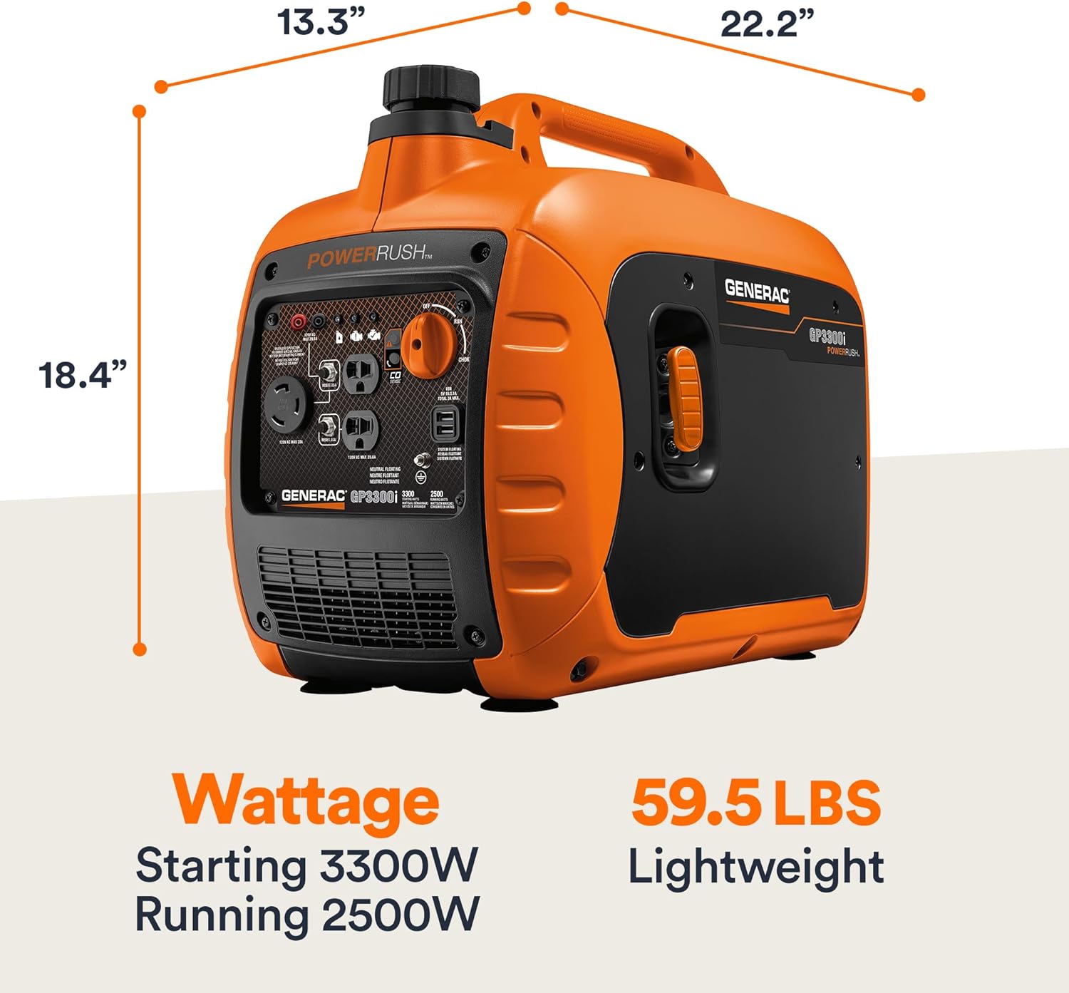 Generac 3 300-Watt Gas Powered Portable Inverter Generator - Lightweight and Compact - USB Ports for Device Charging - Produces Clean  Stable Power - Great for Home Backup  Camping  and RV Use