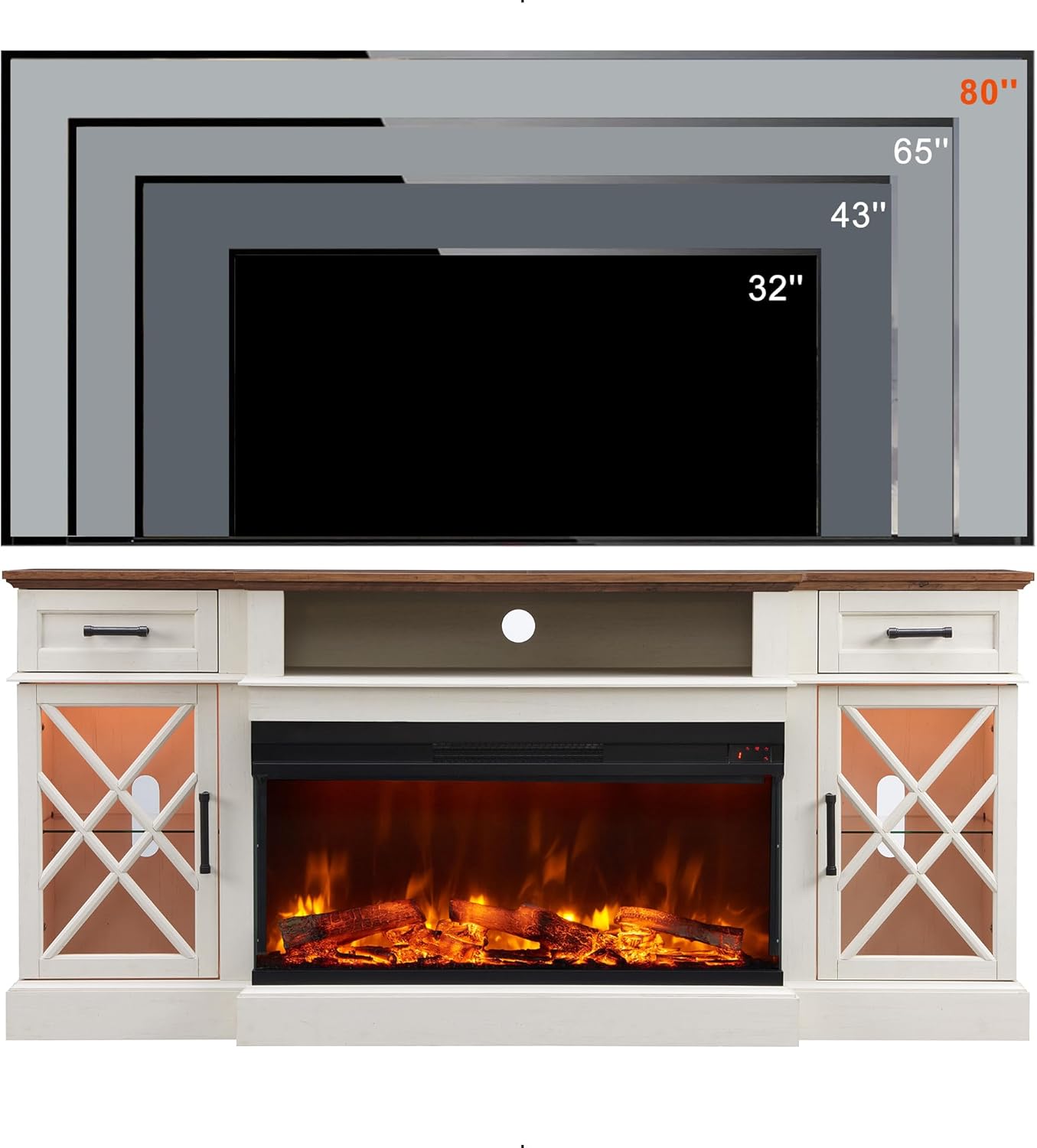 OKD 3-Sided Glass Farmhouse Electric Fireplace TV Stand for TVs up to 80'', Highboy Entertainment Center with Glass Door Storage Cabinet, 70'' Large TV Stands with 36'' Fireplace, Antique White