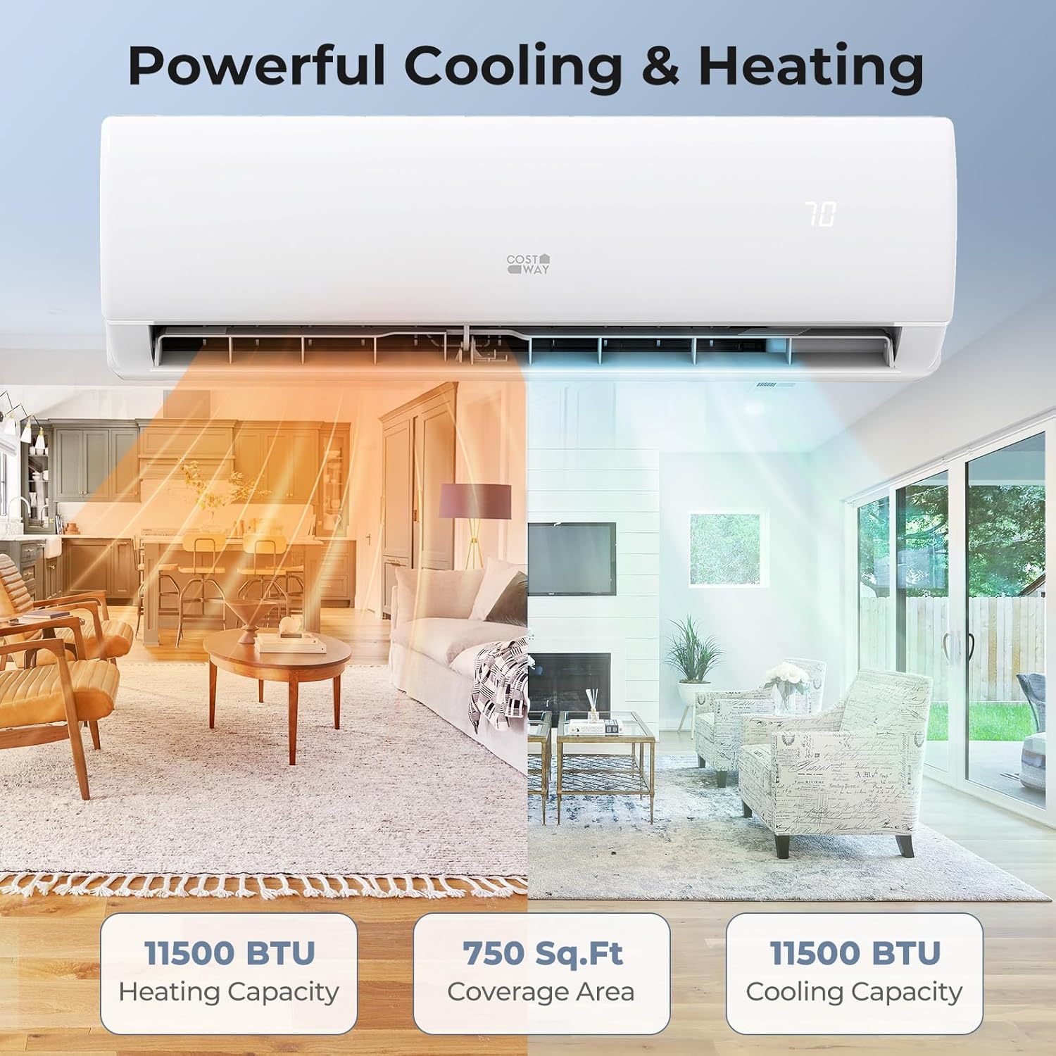 COSTWAY 11500 BTU Mini Split Air Conditioner, 208/230V 17 SEER2 Wifi Enabled Inverter Air Conditioner & Heater Pump System Cools Up to 750 Sq. Ft, Compatible with Alexa, w/Installation Kit