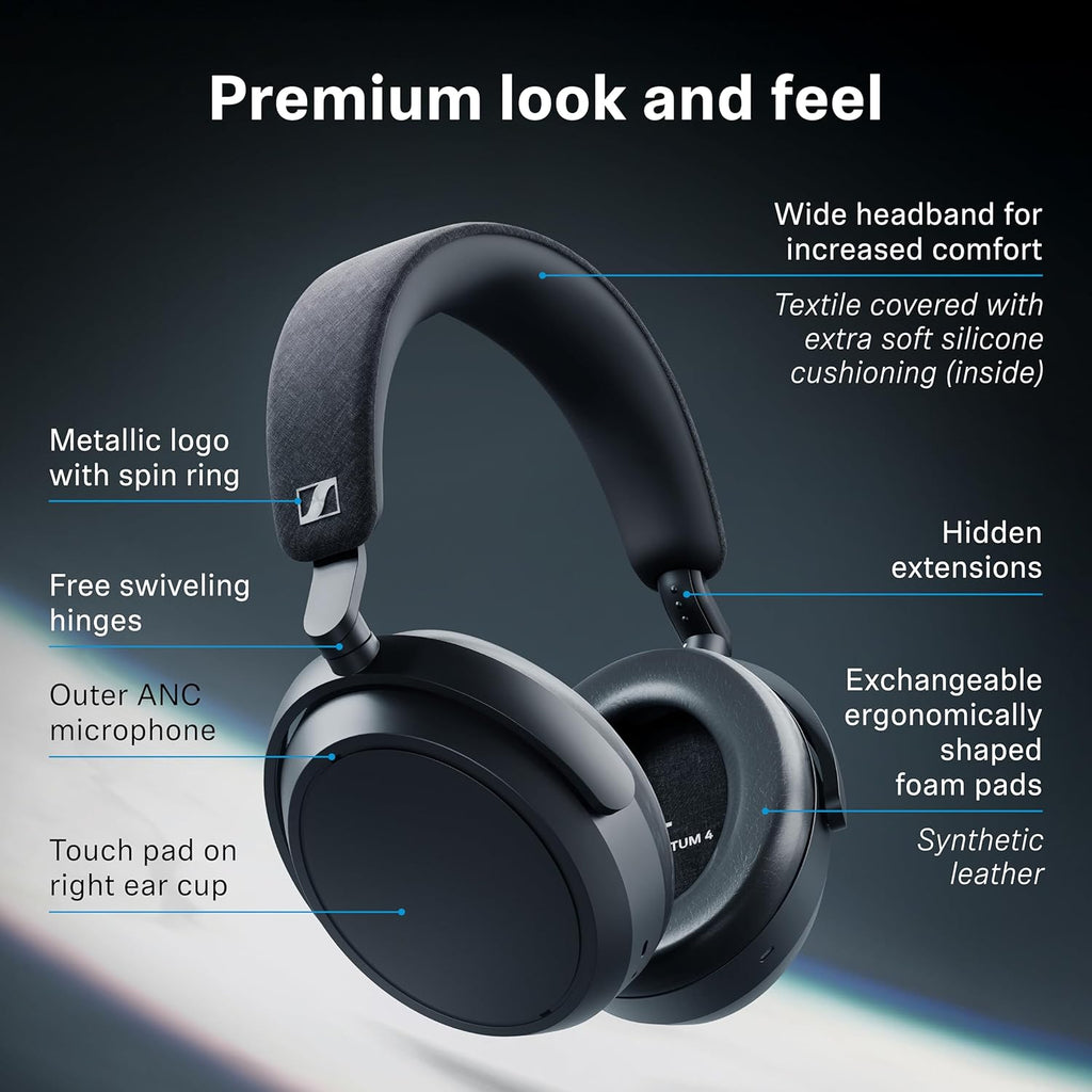 Sennheiser Momentum 4 Wireless Noise Cancelling Headphones - Bluetooth Headset for Crystal-Clear Calls with Adaptive Noise Cancellation  Over-Ear Headphones  60h Battery Life  Folding Design  Black