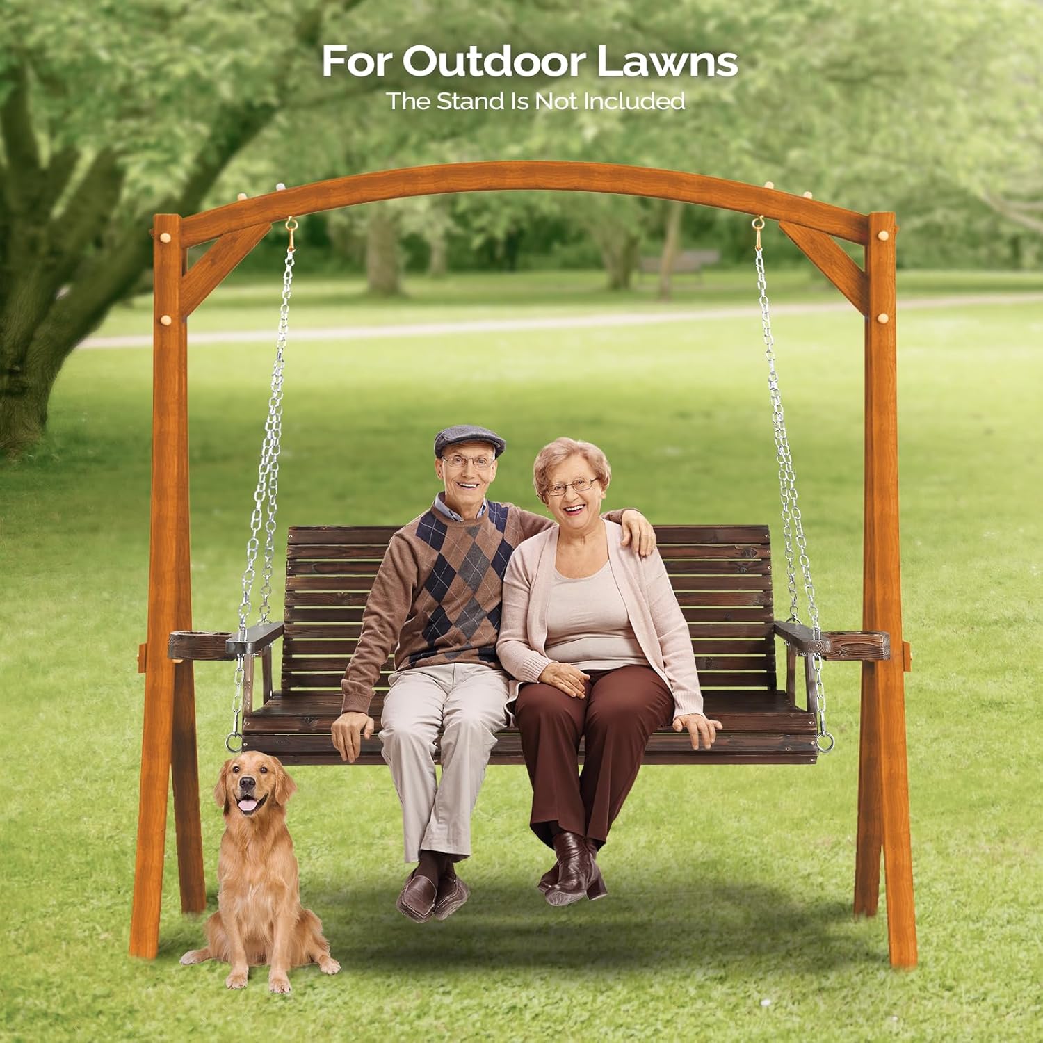 VINGLI XL Size Patio Wooden Porch Swing Outdoor with Cup Holders & Phone Slots  Heavy Duty 880 LBS Hanging Swing Chair Bench with Hanging Chains for Yard  Lawn  Garden (5 FT Pro  Rustic)