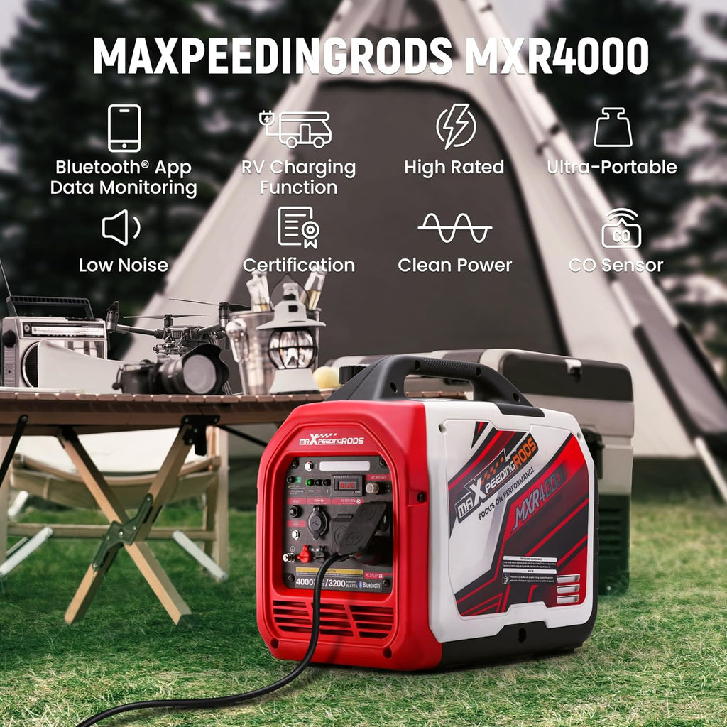 maXpeedingrods 4000 Watt Inverter Generator Portable  Bluetooth® App Remote Data Monitor  RV Ready  Gas Powered Generator with CO Alarm for Outdoor Camping  Home Backup
