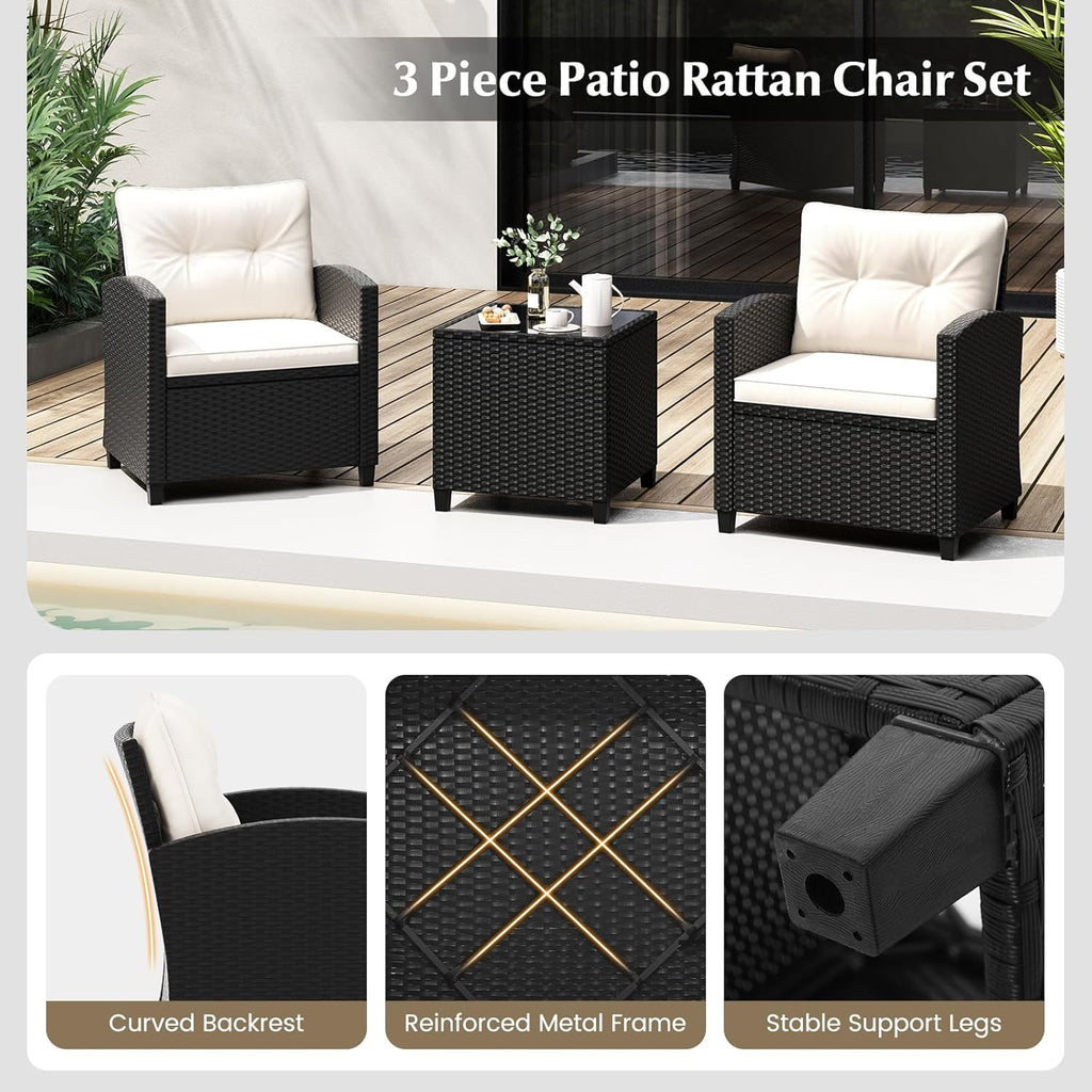 Tangkula 3 Piece Patio Furniture Set  Rattan Conversation Set w/Soft Seat & Back Cushions  Tempered Glass Topped Coffee Table  Cushioned Wicker Seating Set for Backyard  Porch  Poolside (Off White)