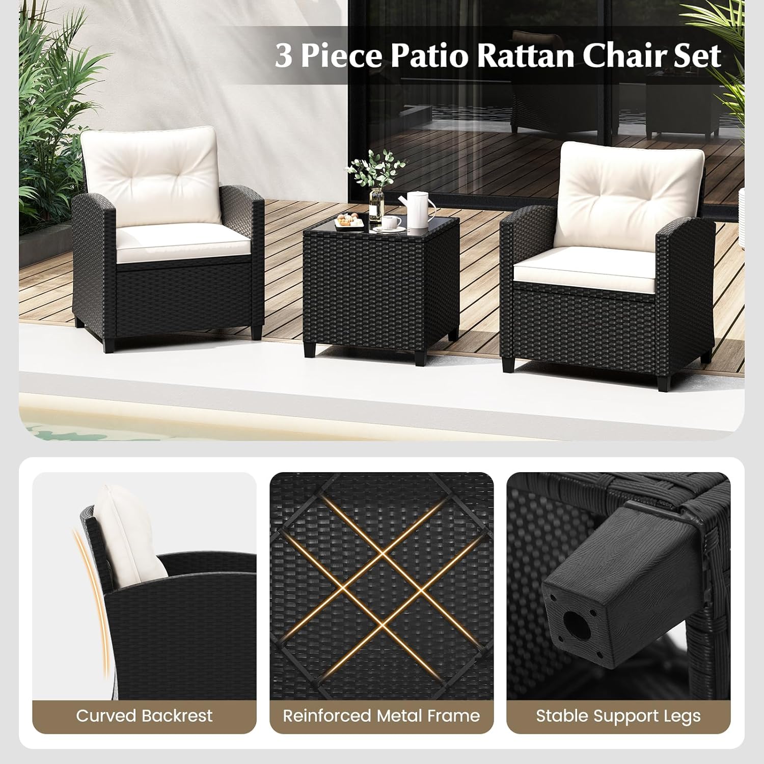 Tangkula 3 Piece Patio Furniture Set  Rattan Conversation Set w/Soft Seat & Back Cushions  Tempered Glass Topped Coffee Table  Cushioned Wicker Seating Set for Backyard  Porch  Poolside (Off White)