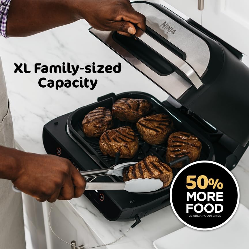 Ninja | Indoor Grill and Air Fryer| Foodi Smart XL | 6-in-1 Grill, Air Fry, Roast, Bake, Broil, Dehydrate & Crisp |Smart Thermometer & Splatter Shield | Dishwasher Safe Parts | Black/Silver | FG551