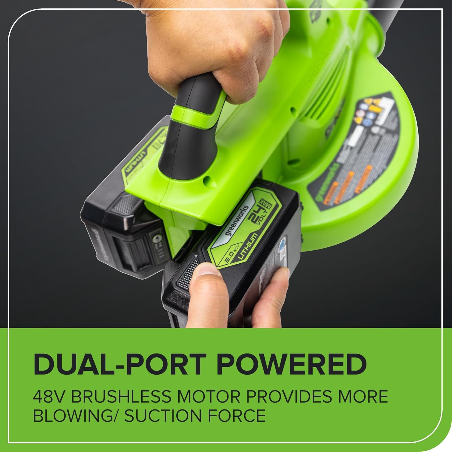 Greenworks 48V (24V x 2) Cordless Brushless Leaf Blower/Vacuum (520 CFM / 240 MPH) with Bag  Powerful & Efficient for Yard Debris Cleanup  Includes (2) 4.0Ah Battery & Dual Port Charger
