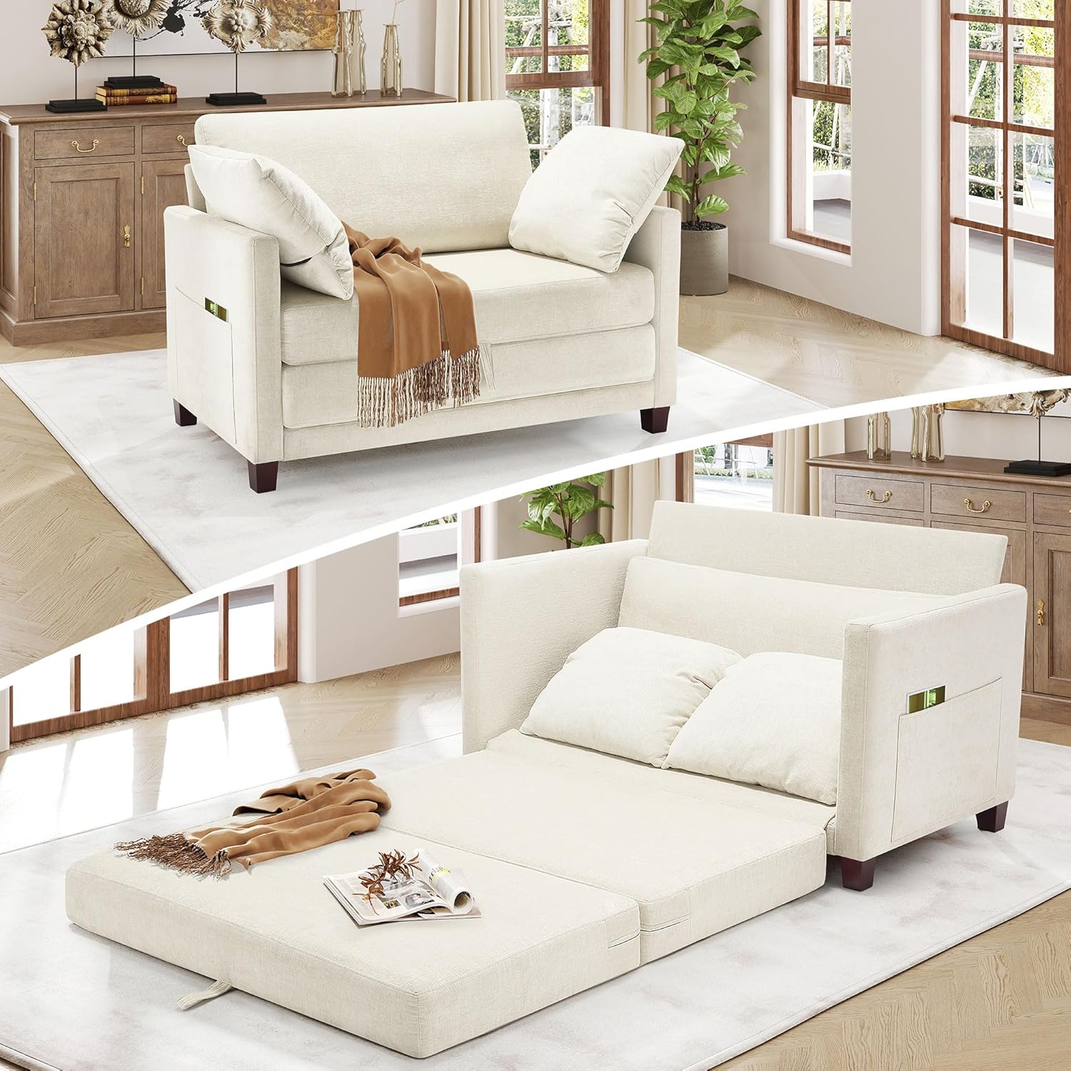 51" Loveseat Sleeper Sofa Bed, Chenille Convertible Floor Sofa Bed for Small Spaces, Folding Couch Bed with Deep Seat, 2 Pillows & Solid Frame, Pull Out Floor Couch for Living Room, Beige