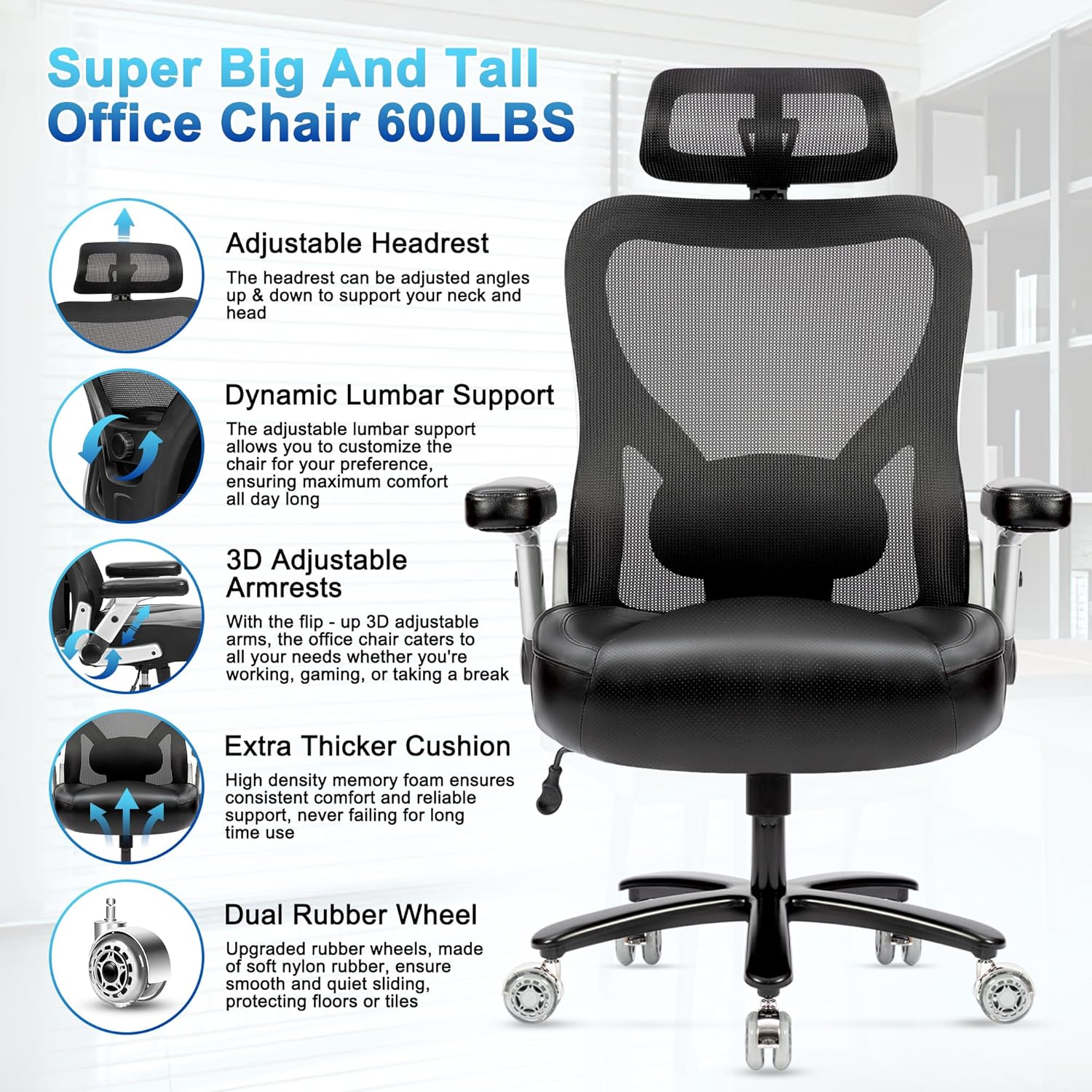 Super Big and Tall Office Chair 700lbs, Heavy Duty Executive Computer Chair with Rubber Wheels 3D Flip Arms, Ergonomic Mesh High Back Desk Chair, Extra Wide Seat Adjustable Lumbar Support and Headrest